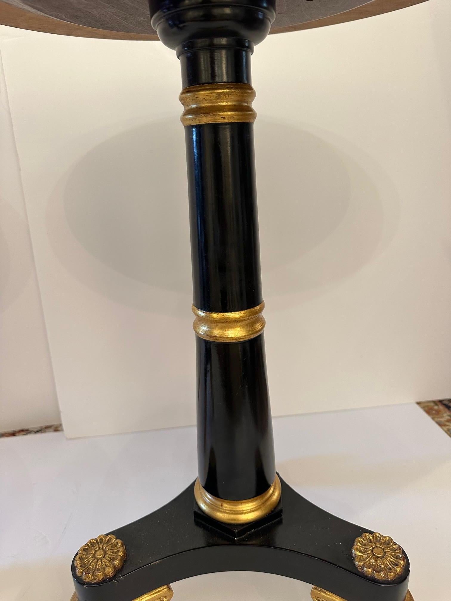 Elegant Pair of Flame Mahogany Ebonized Wood and Gilded Round End Tables 2