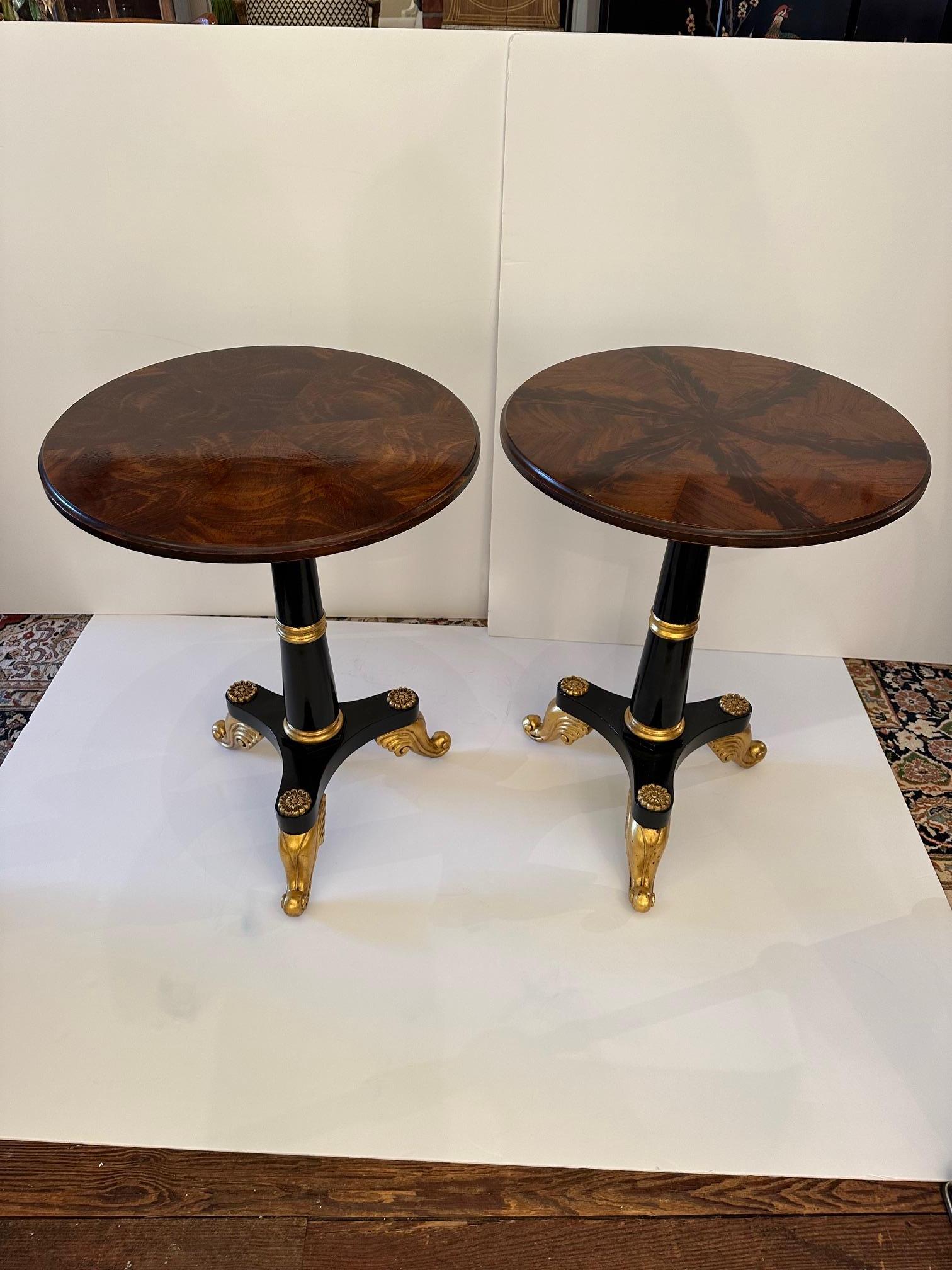 Elegant Pair of Flame Mahogany Ebonized Wood and Gilded Round End Tables 3