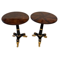 Elegant Pair of Flame Mahogany Ebonized Wood and Gilded Round End Tables