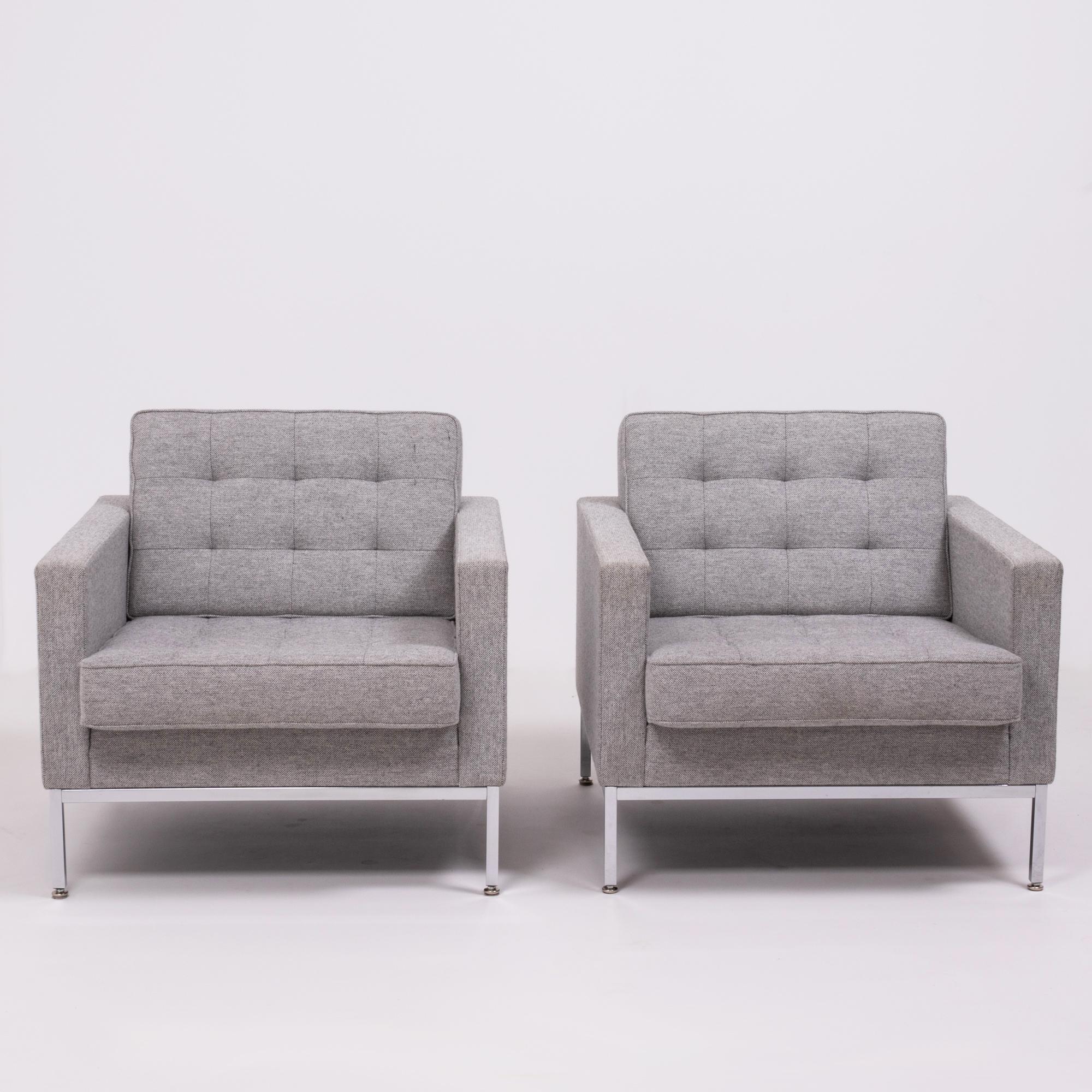 A rare, original “Florence Knoll” pair of lounge chairs from the world renown furniture house of Knoll Studio, dressed in a sublime, tactile woven-wool fabric, and with polished chrome framework.

Knoll Studio pieces are the epitome of contemporary