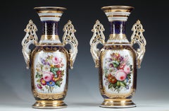 Elegant Pair of Flowery Valentine Porcelain Vases, France, Circa 1860