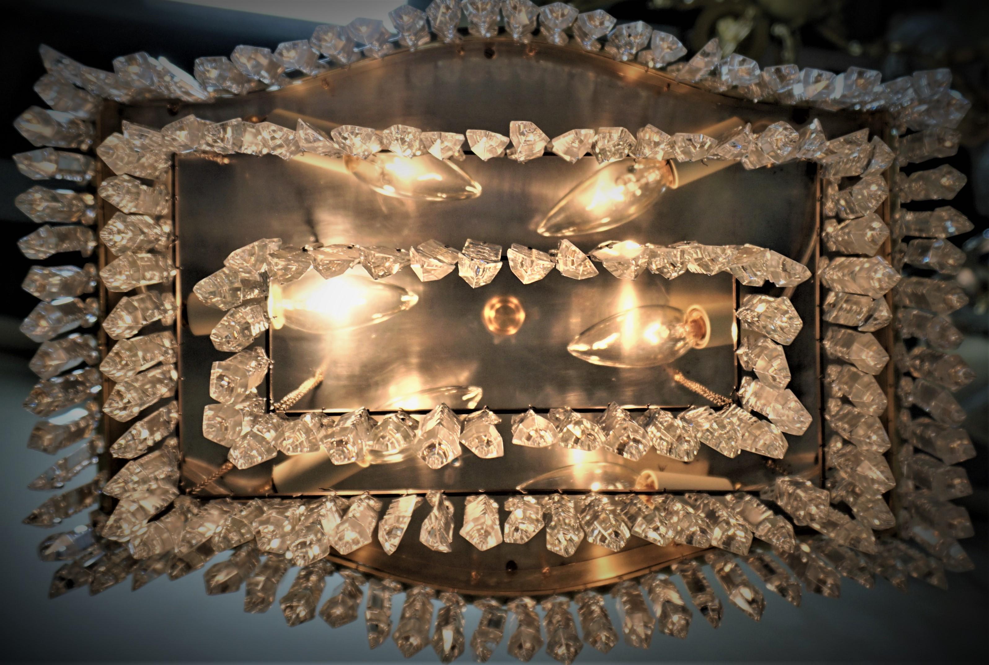 Elegant Pair of Flush Mount Crystal and Bronze Chandeliers 4