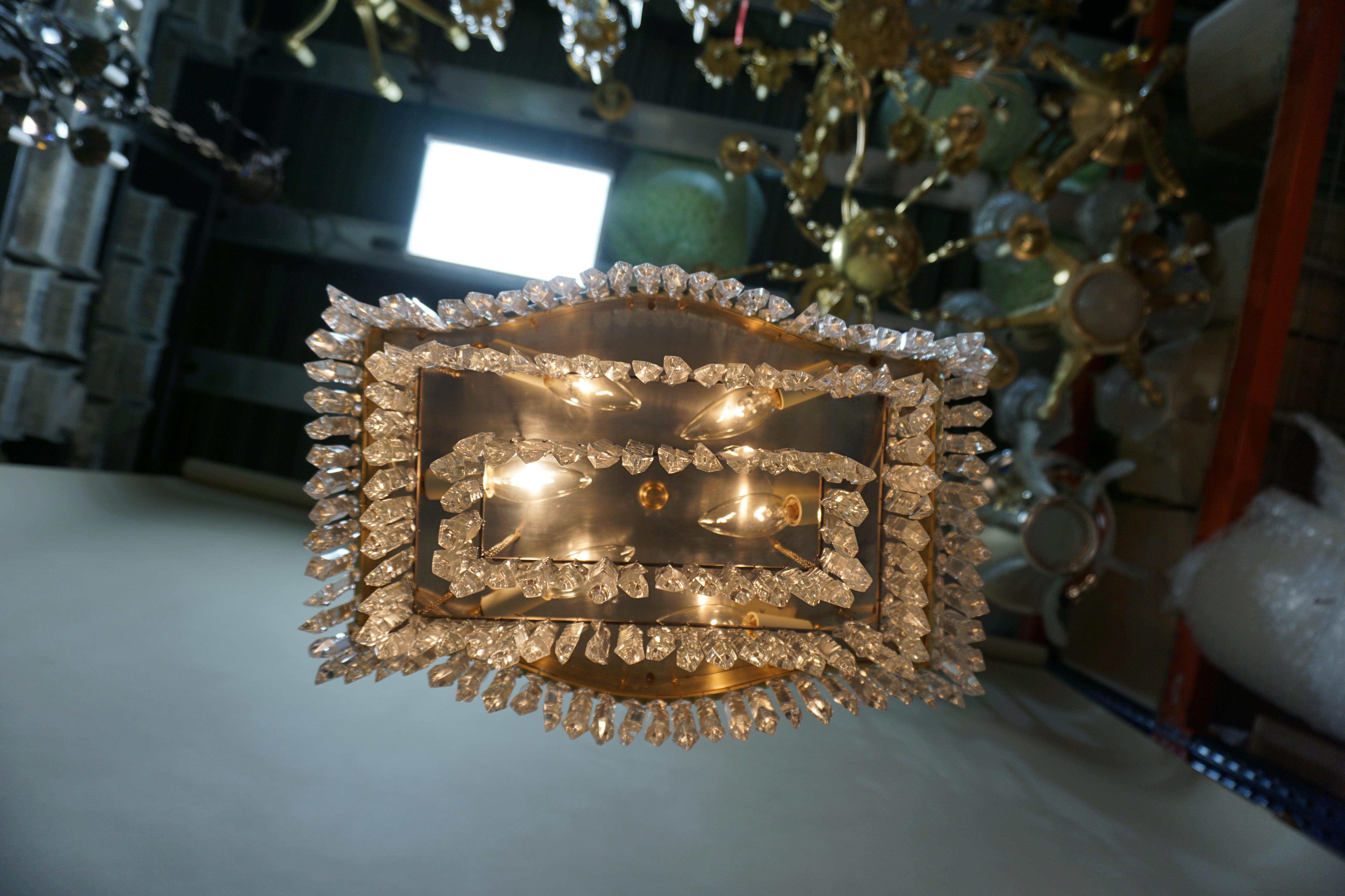 Elegant Pair of Flush Mount Crystal and Bronze Chandeliers 5