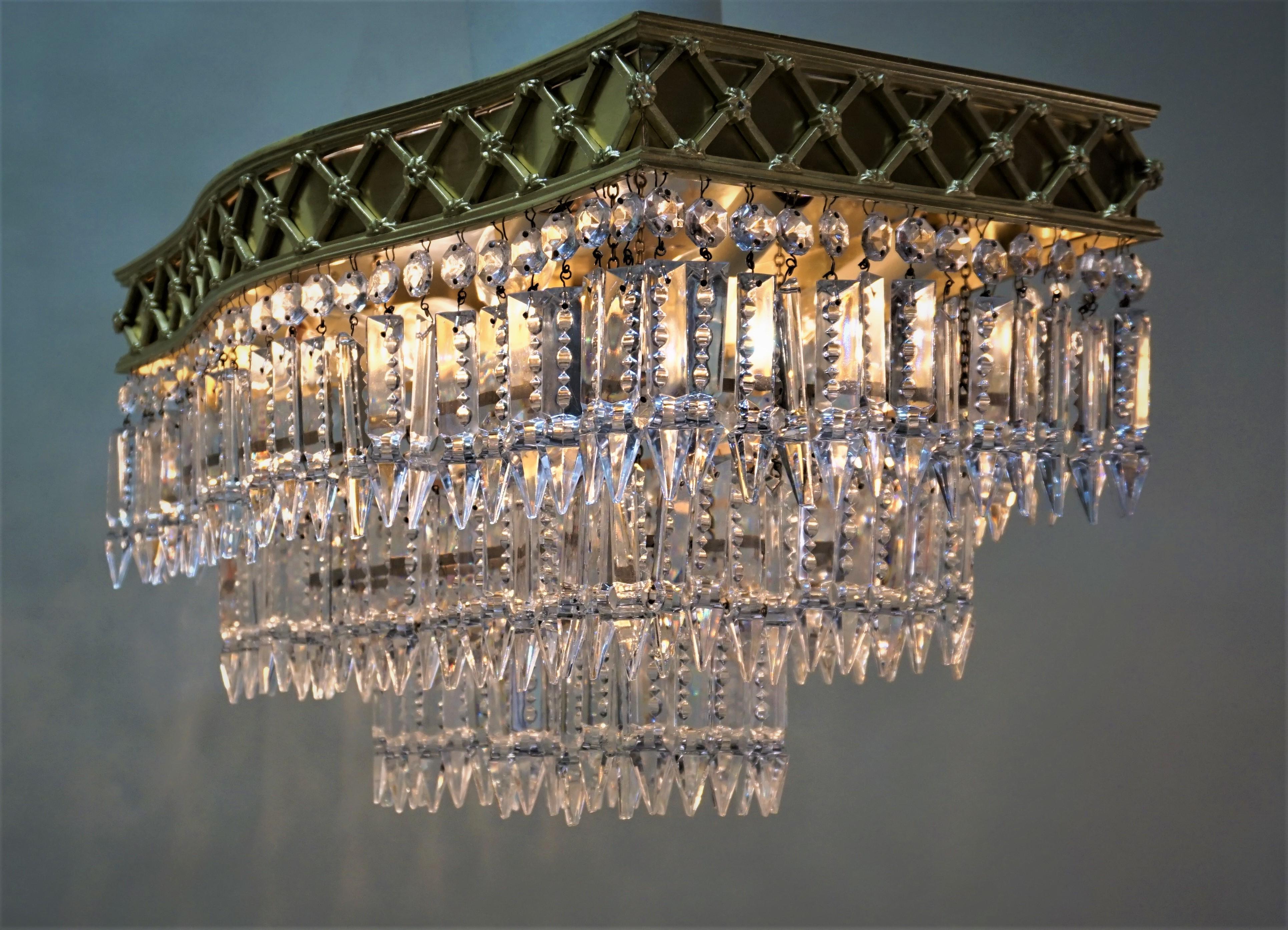 Elegant Pair of Flush Mount Crystal and Bronze Chandeliers In Good Condition In Fairfax, VA