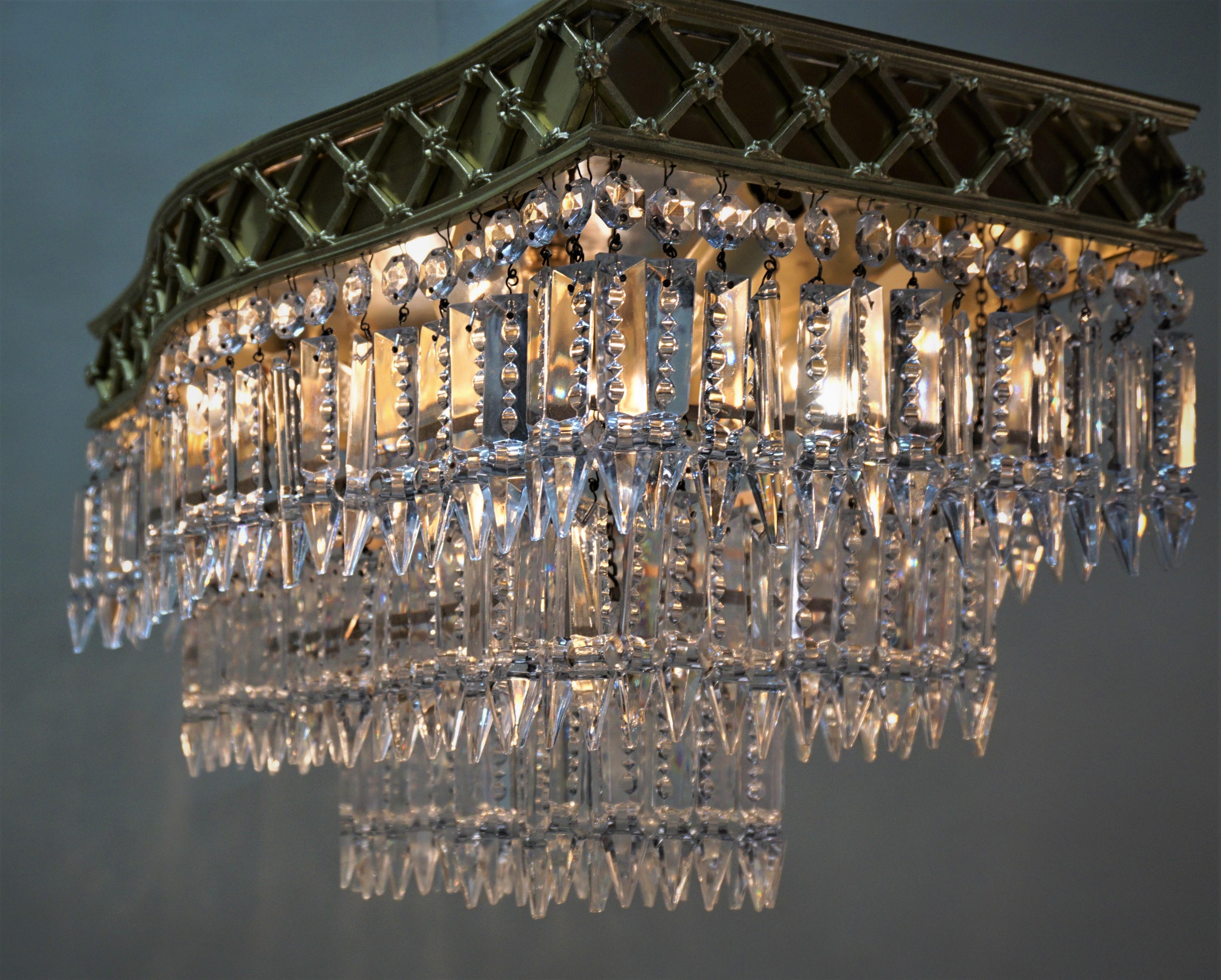 Elegant Pair of Flush Mount Crystal and Bronze Chandeliers 1