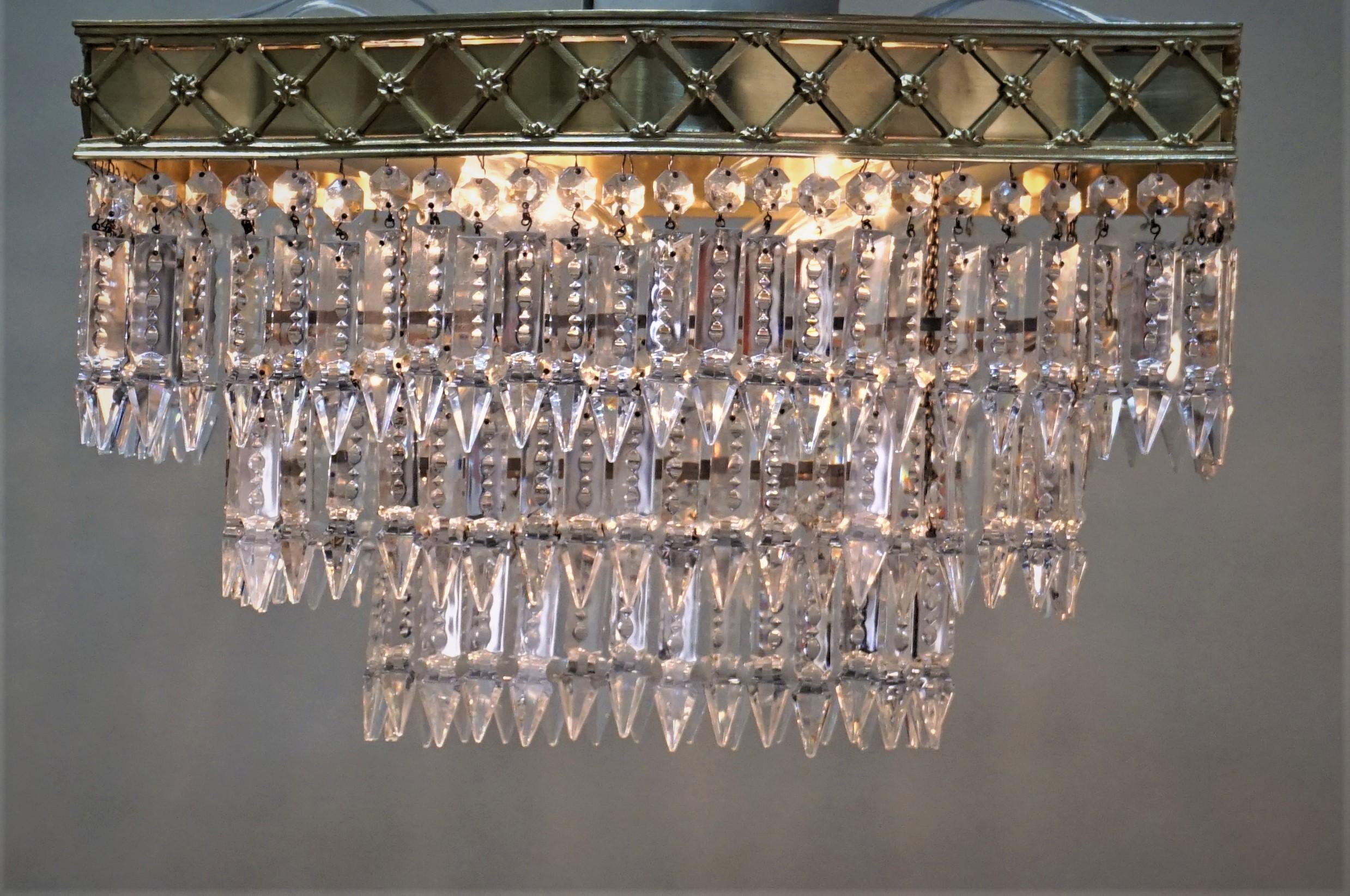 Elegant Pair of Flush Mount Crystal and Bronze Chandeliers 2