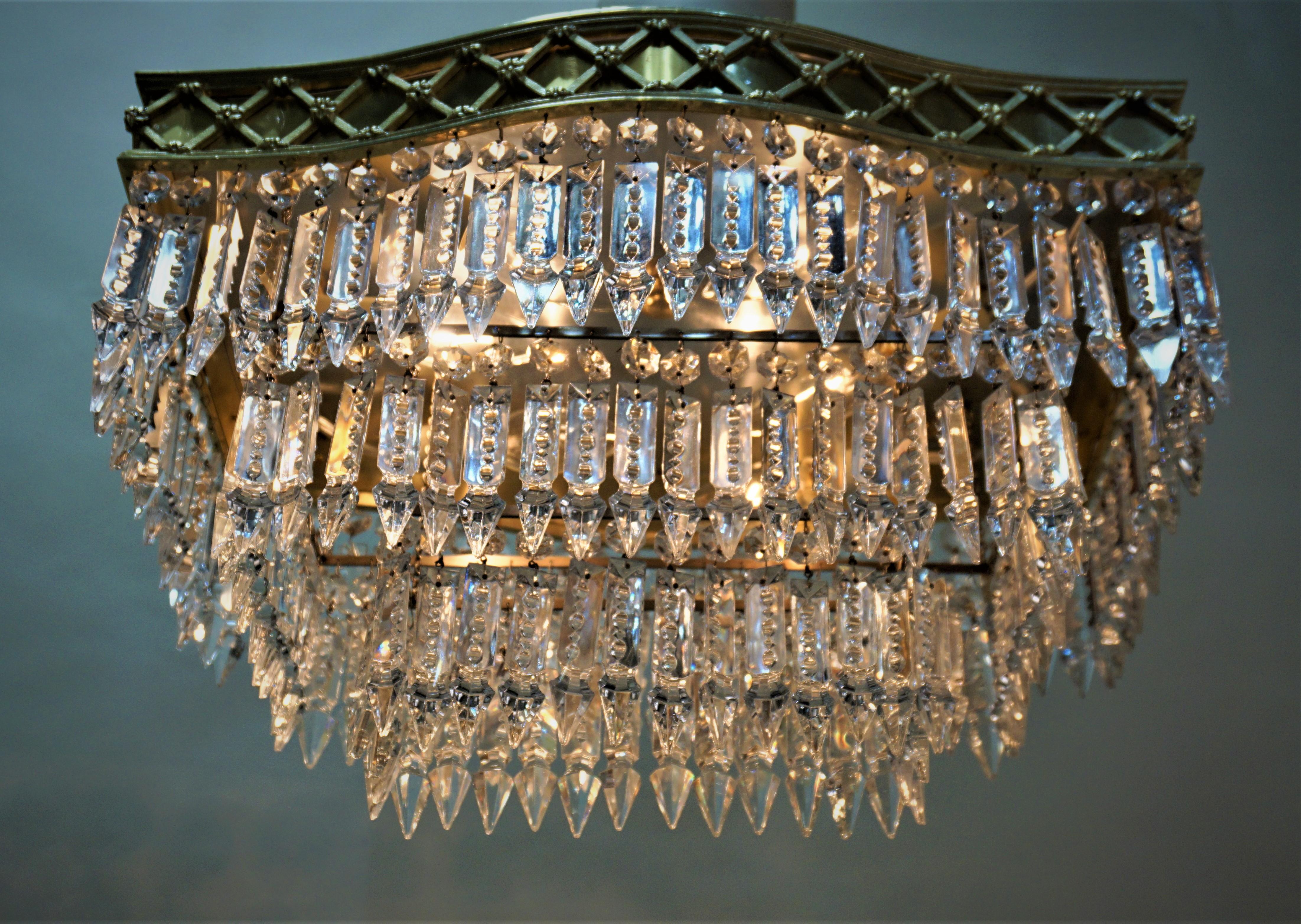 Elegant Pair of Flush Mount Crystal and Bronze Chandeliers 3