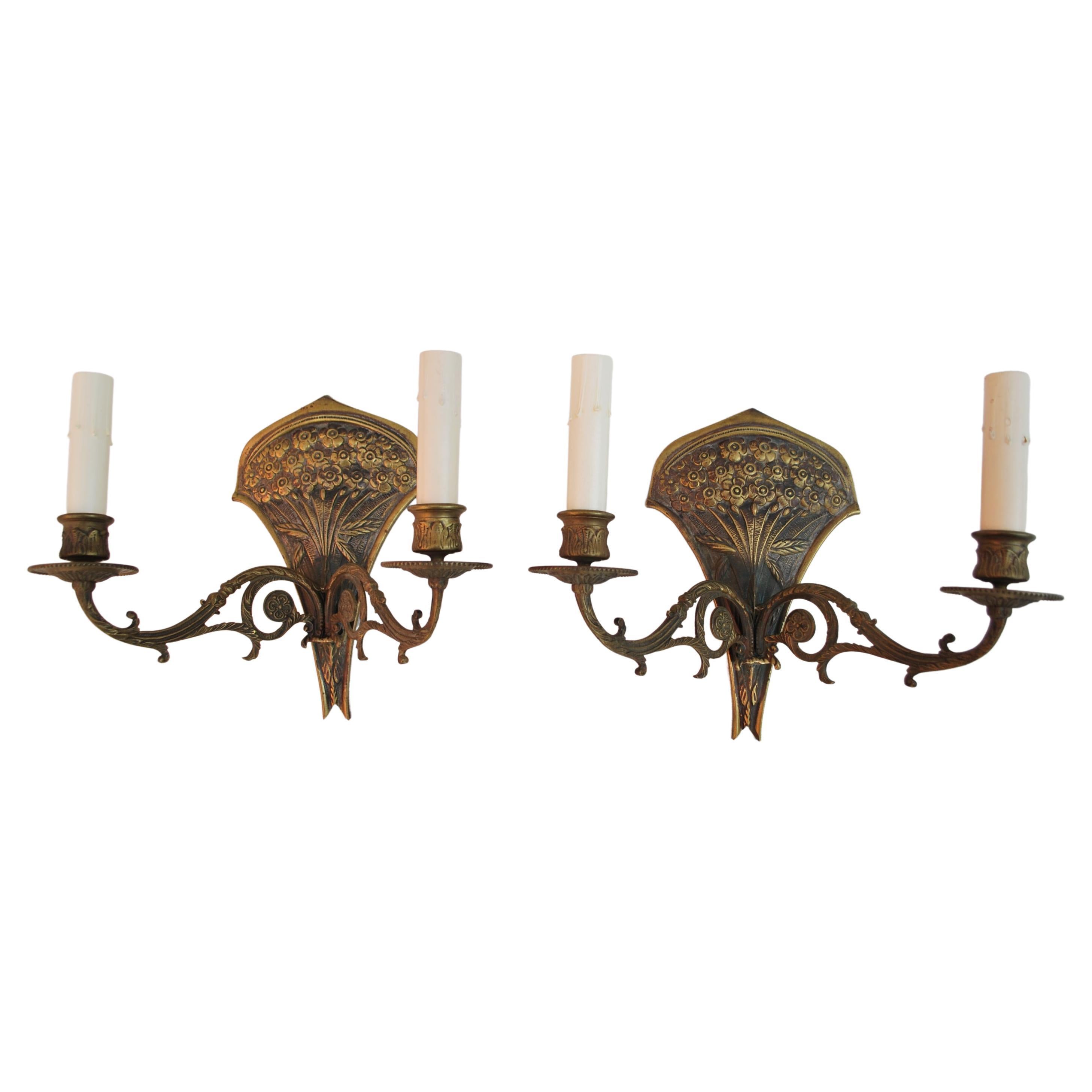 Elegant Pair of French 1940s Brass Sconces