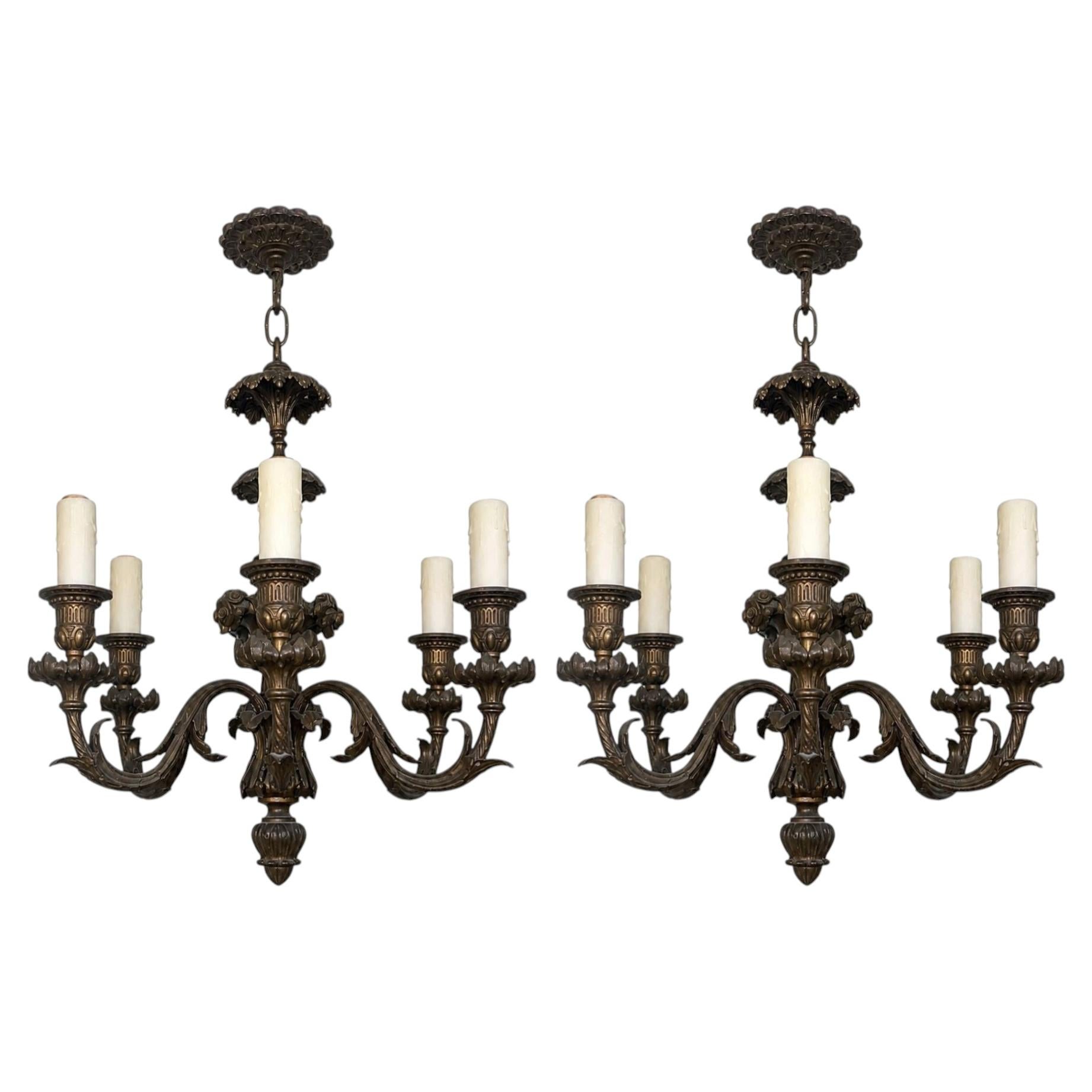Elegant Pair of French 19th Century Bronze Chandeliers
