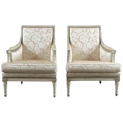 Elegant Pair of French Antique Louis XVI Style Carved Armchairs Club Chairs