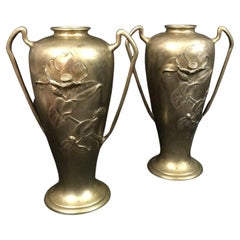 Elegant Pair of French Bronze Art Nouveau Floral Vases