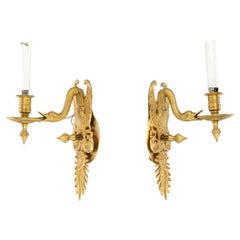 Vintage Elegant Pair Of French Gilt Bronze Swan  Wall Sconces in Neoclassical Style