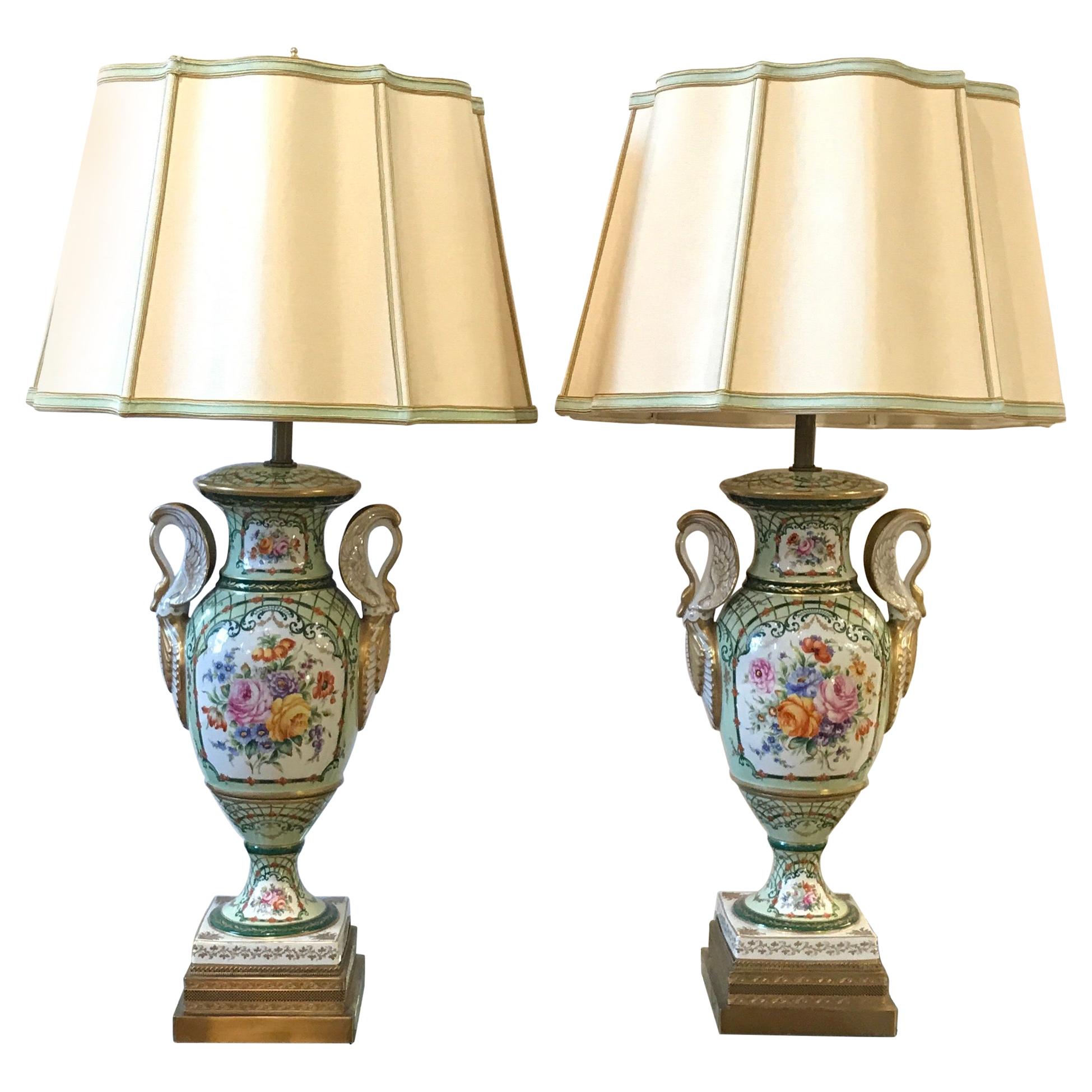 Elegant Pair of French Hand Painted Porcelain Lamps