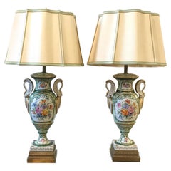 Elegant Pair of French Hand Painted Porcelain Lamps