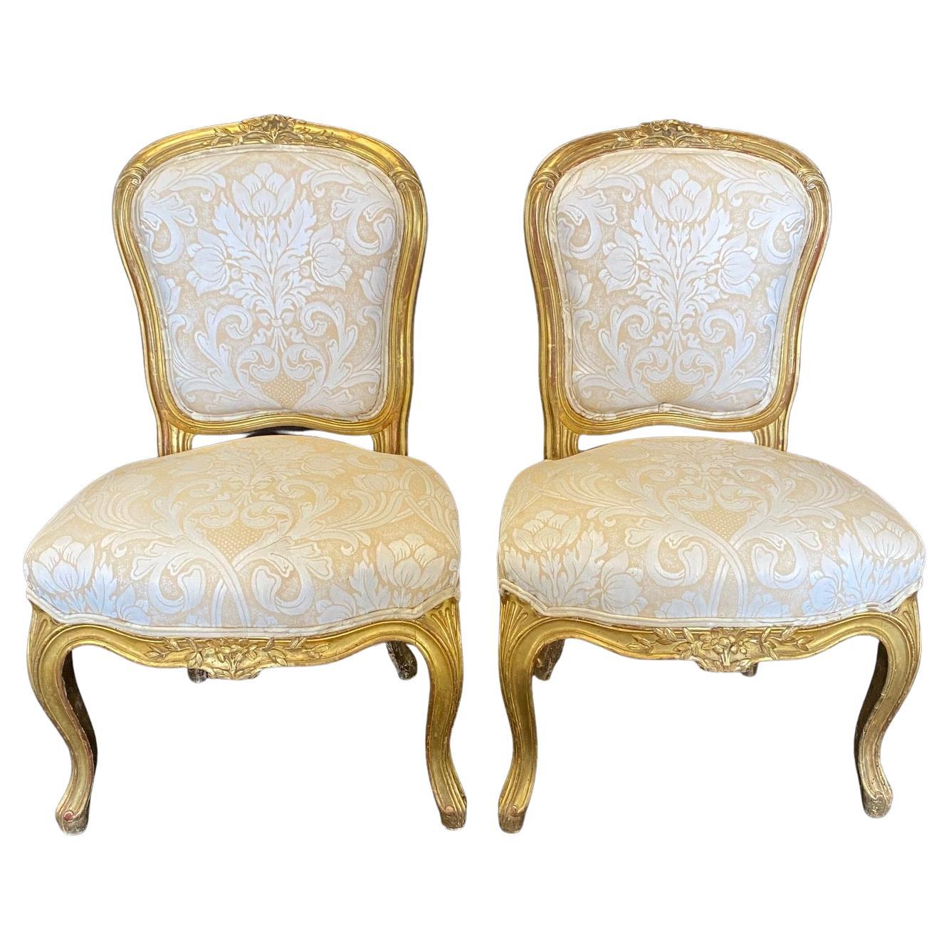 Elegant Pair of French Louis XV Gold Slipper Chairs For Sale