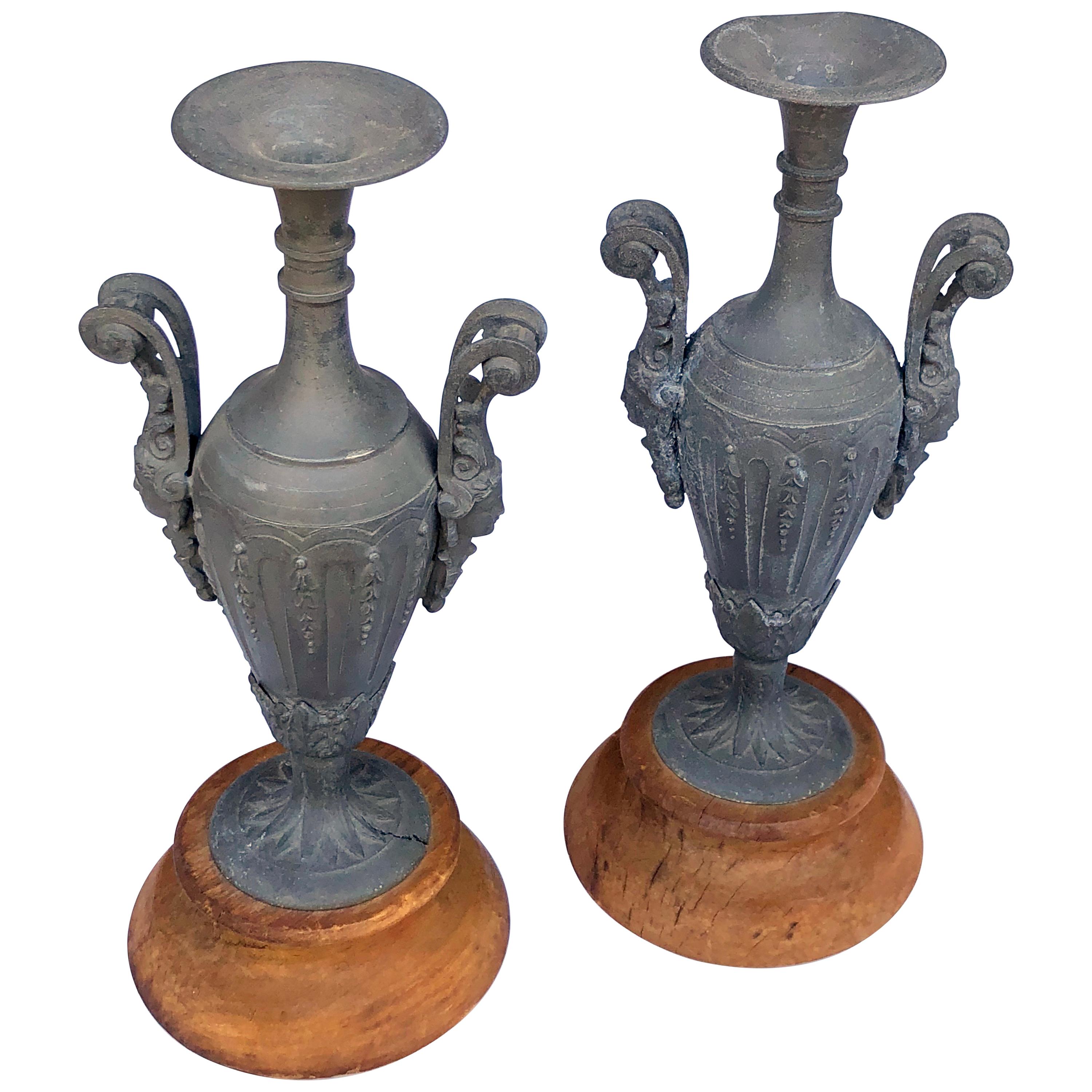 Elegant Pair of French Louis XVI Style Double-Handled Spelter-Metal Urns For Sale