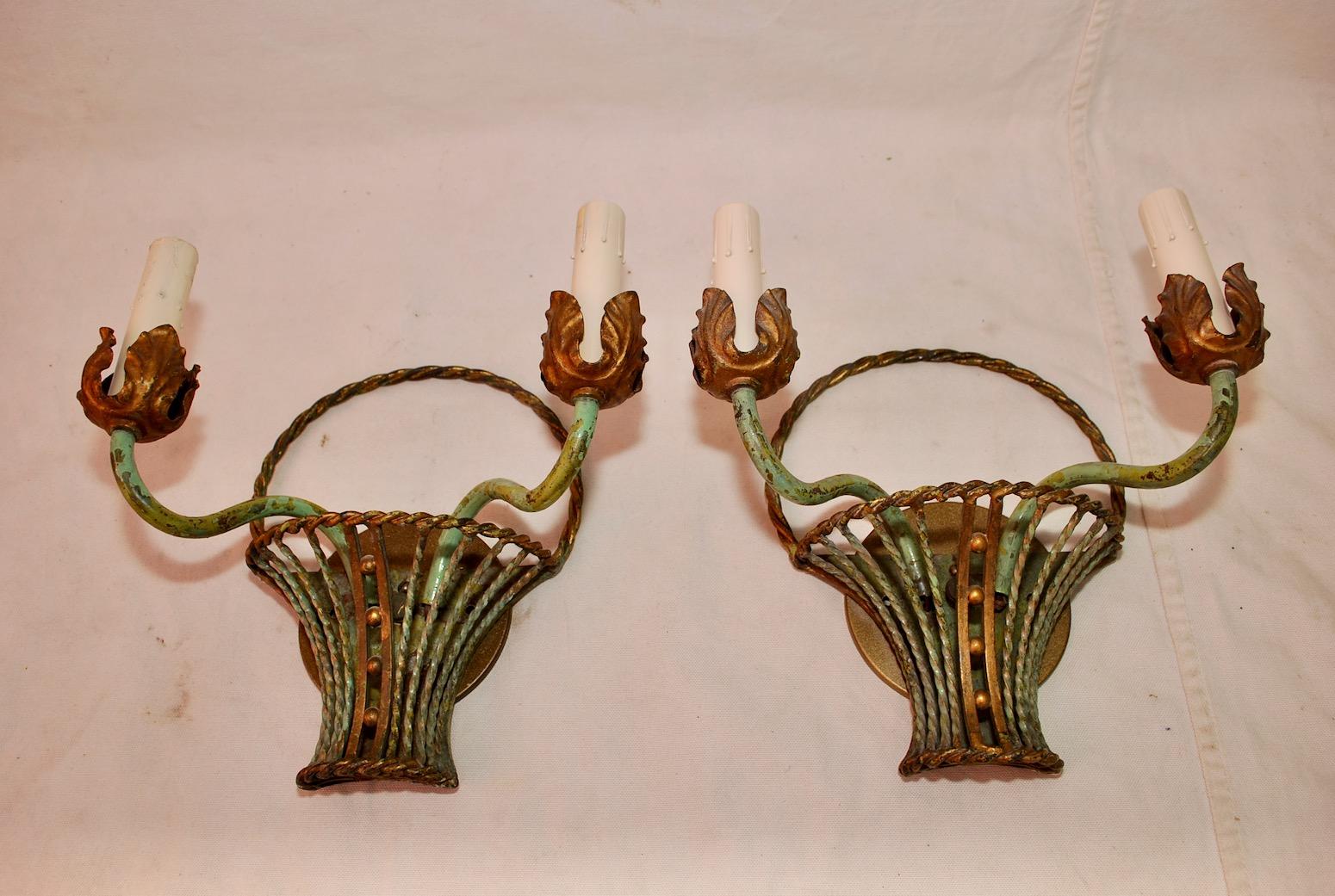 These are beautiful sconces, the patina is much nicer in person, the round back plate has been added.
 
  