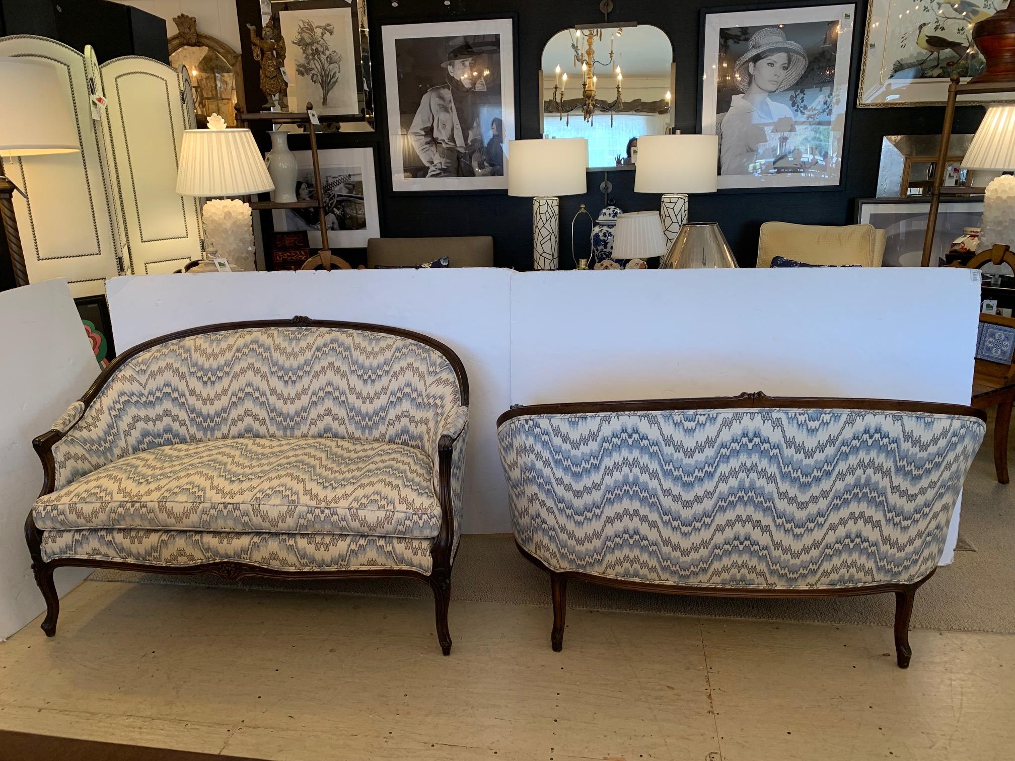 Elegant Pair of French Walnut Upholstered Loveseats with Rounded Backs 5