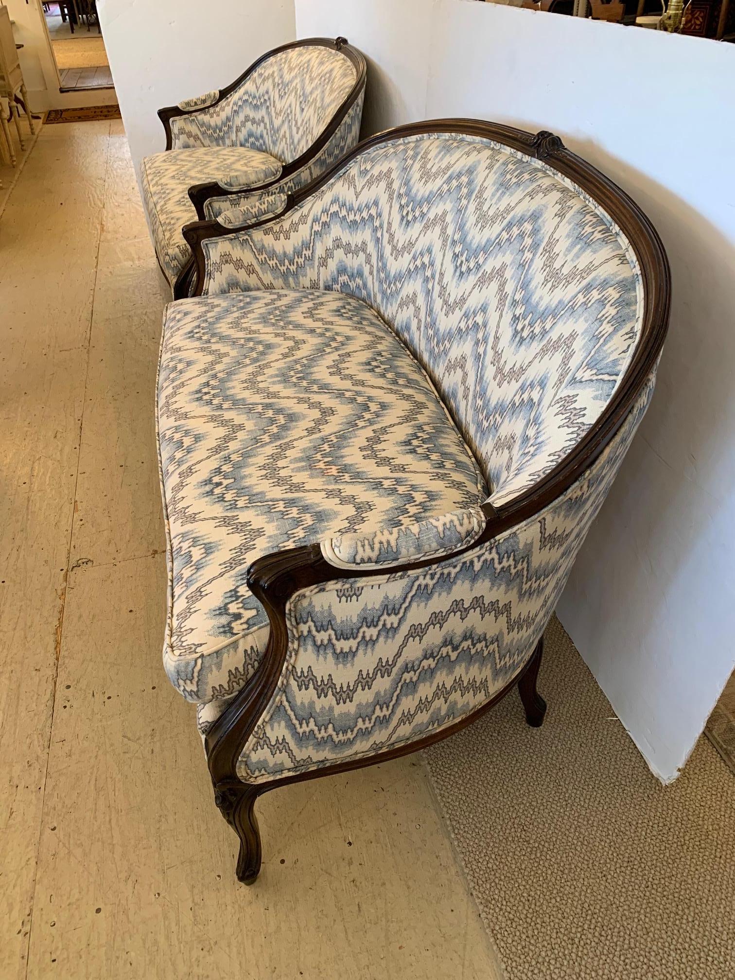 Elegant Pair of French Walnut Upholstered Loveseats with Rounded Backs In Good Condition In Hopewell, NJ