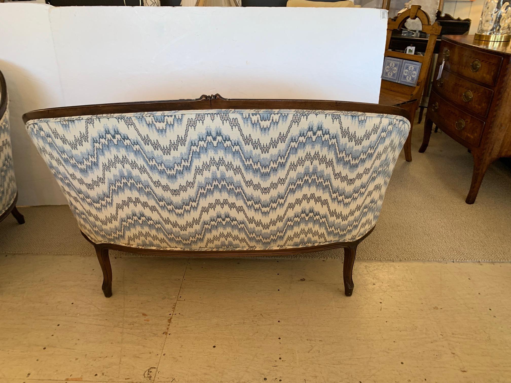 Elegant Pair of French Walnut Upholstered Loveseats with Rounded Backs 1