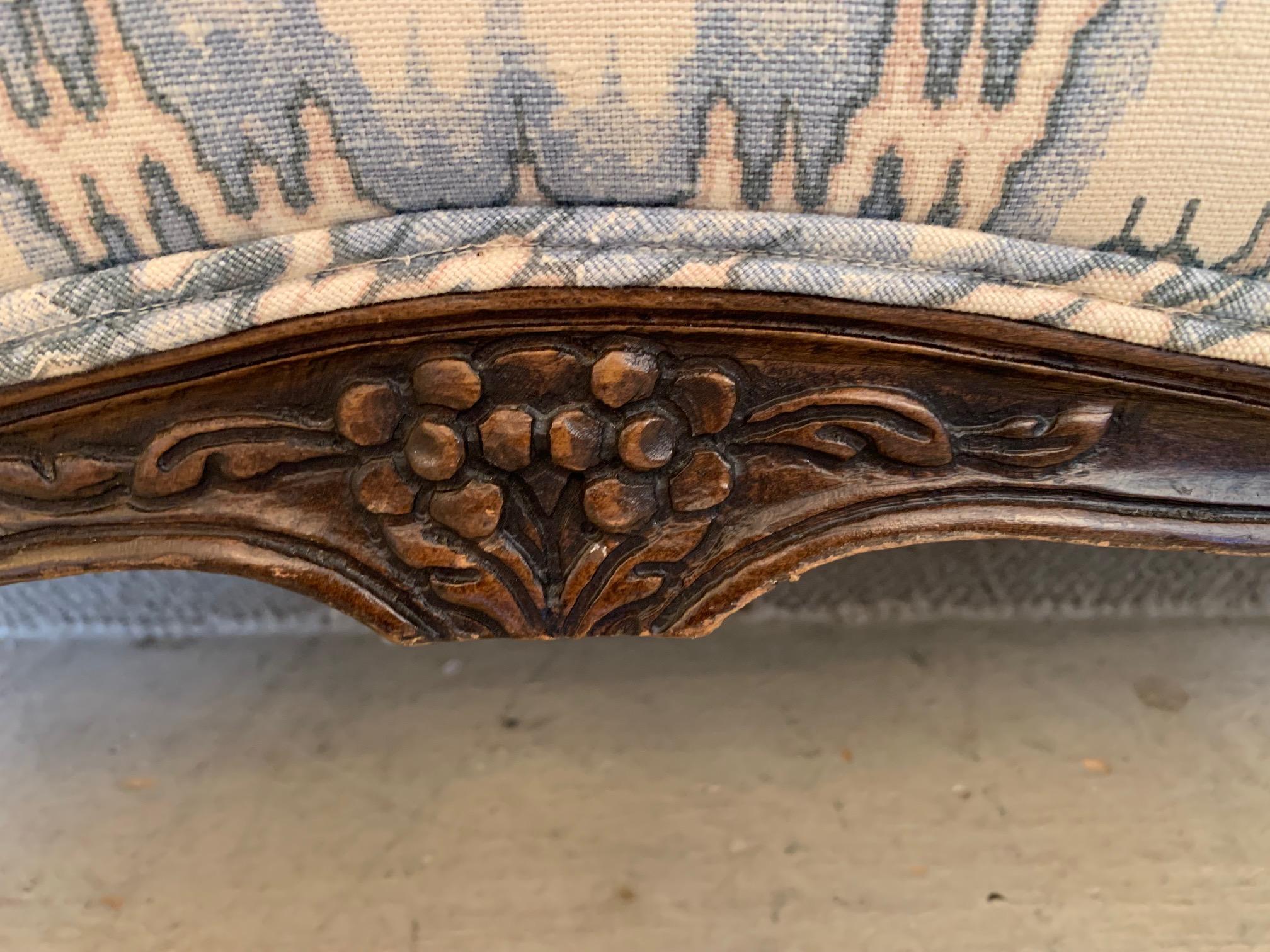 Elegant Pair of French Walnut Upholstered Loveseats with Rounded Backs 2