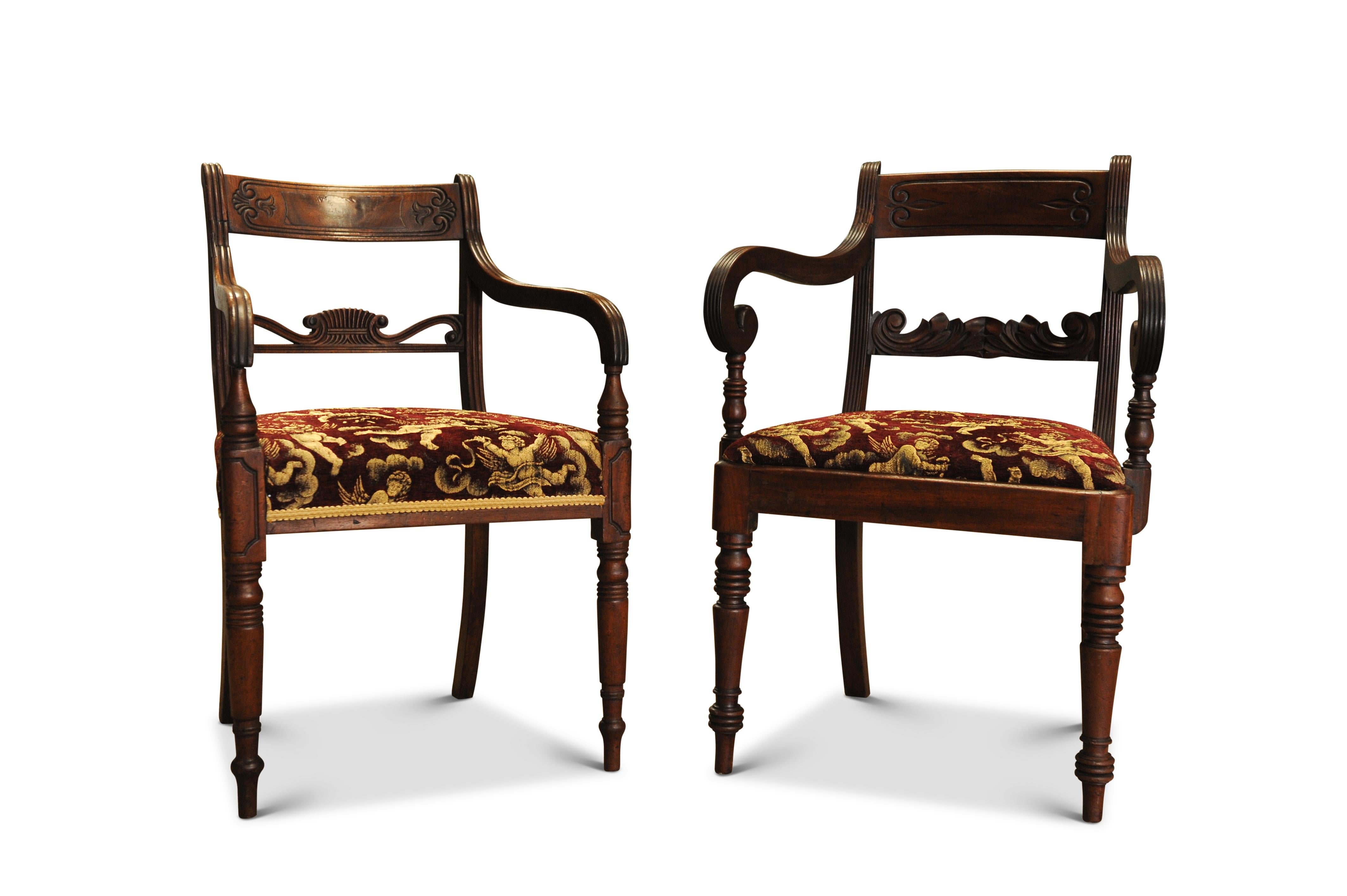 Elegant Pair of Antique George III Mahogany Rail Back Open Elbow Chairs Having Gold and Burgundy Damask Seats Decorated With Winged Cherubs On Ring Turned Tapering Supports


Height to arms 67.5cm
Height to seat 54cm

Width of seat 52cm at front