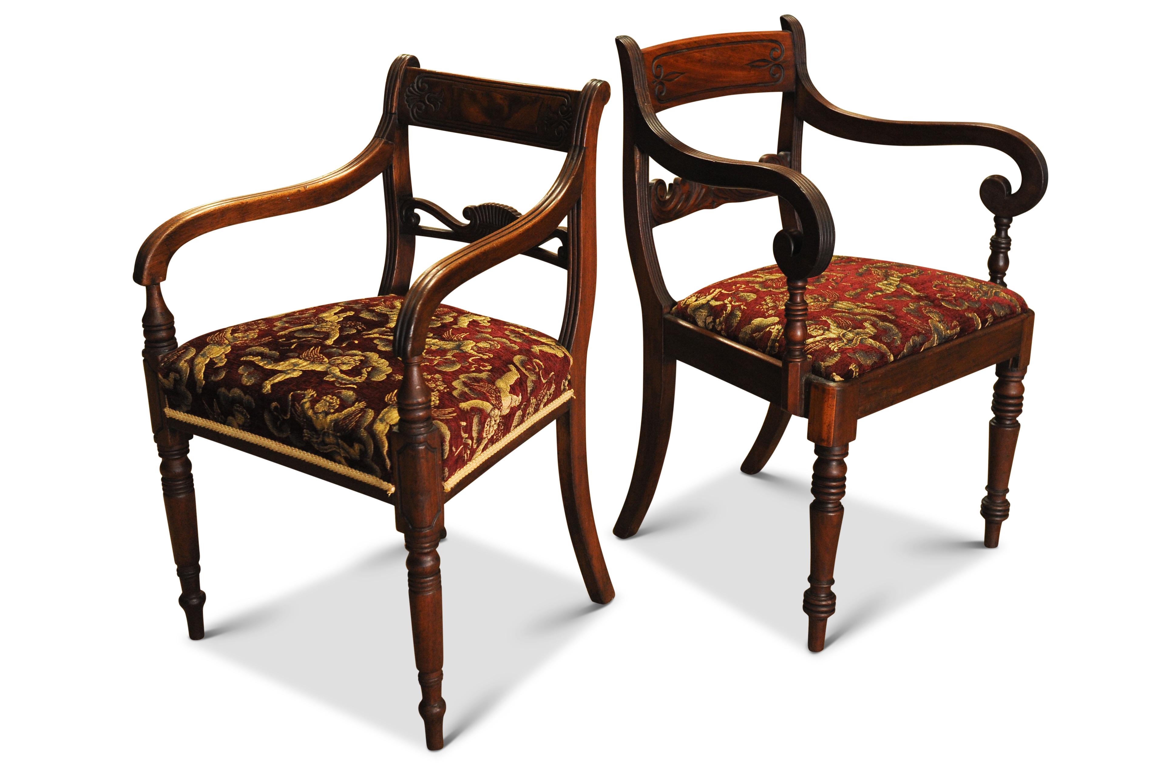 English Elegant Pair of George III Rail Back Open Elbow Chairs With Cherub Damask Seats For Sale