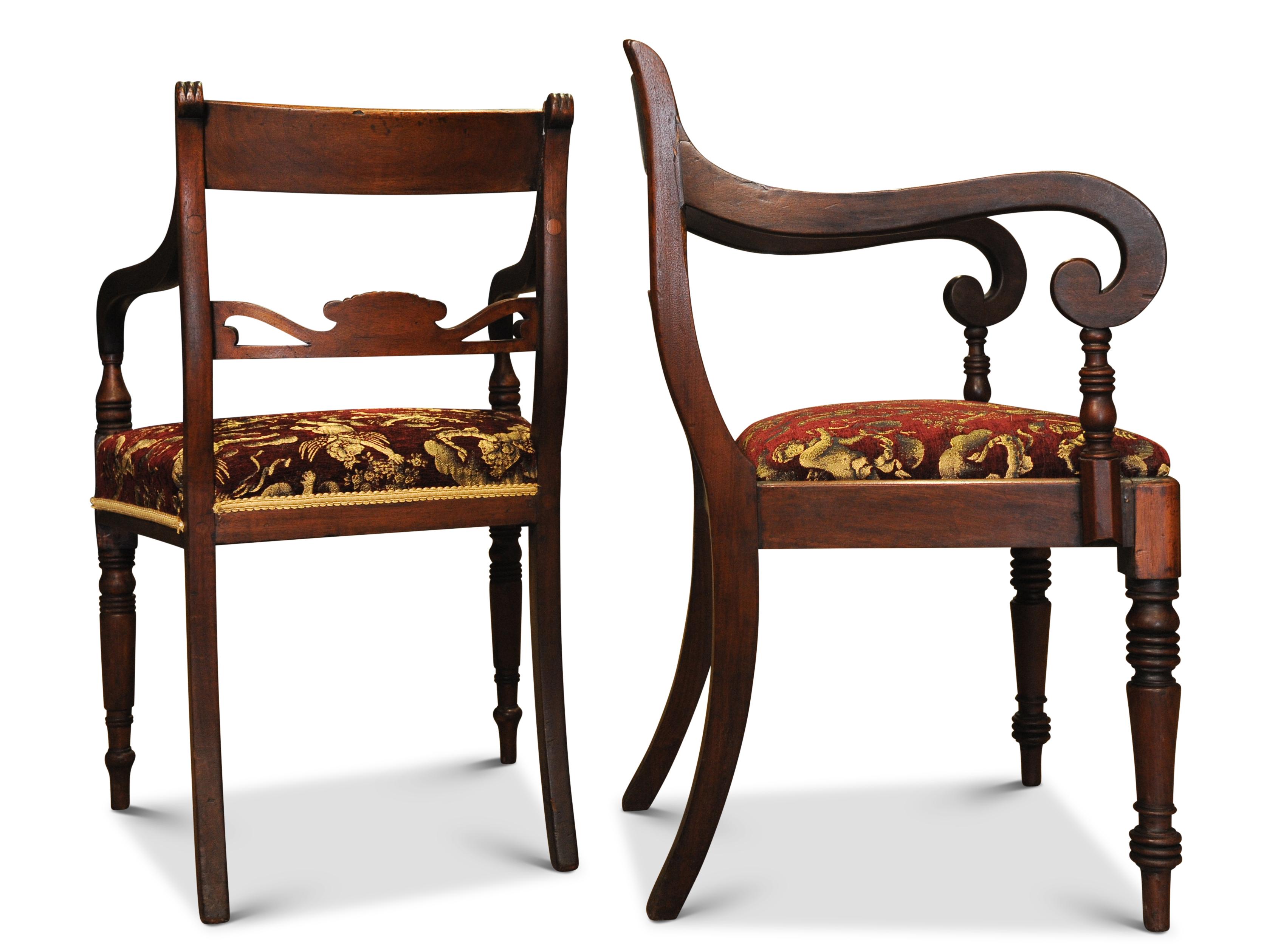 Embroidered Elegant Pair of George III Rail Back Open Elbow Chairs With Cherub Damask Seats For Sale