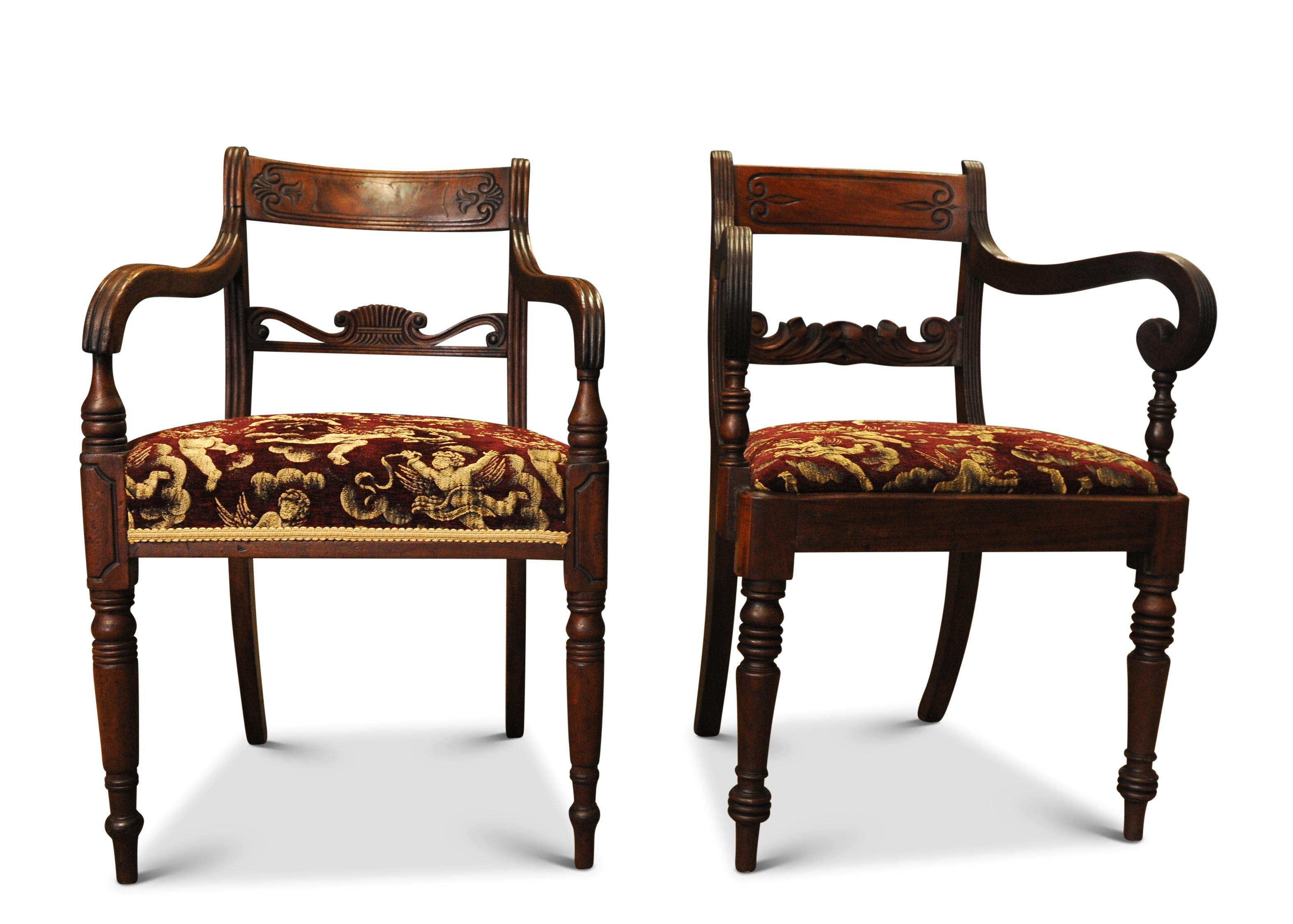 Elegant Pair of George III Rail Back Open Elbow Chairs With Cherub Damask Seats In Good Condition For Sale In Reading, Berkshire