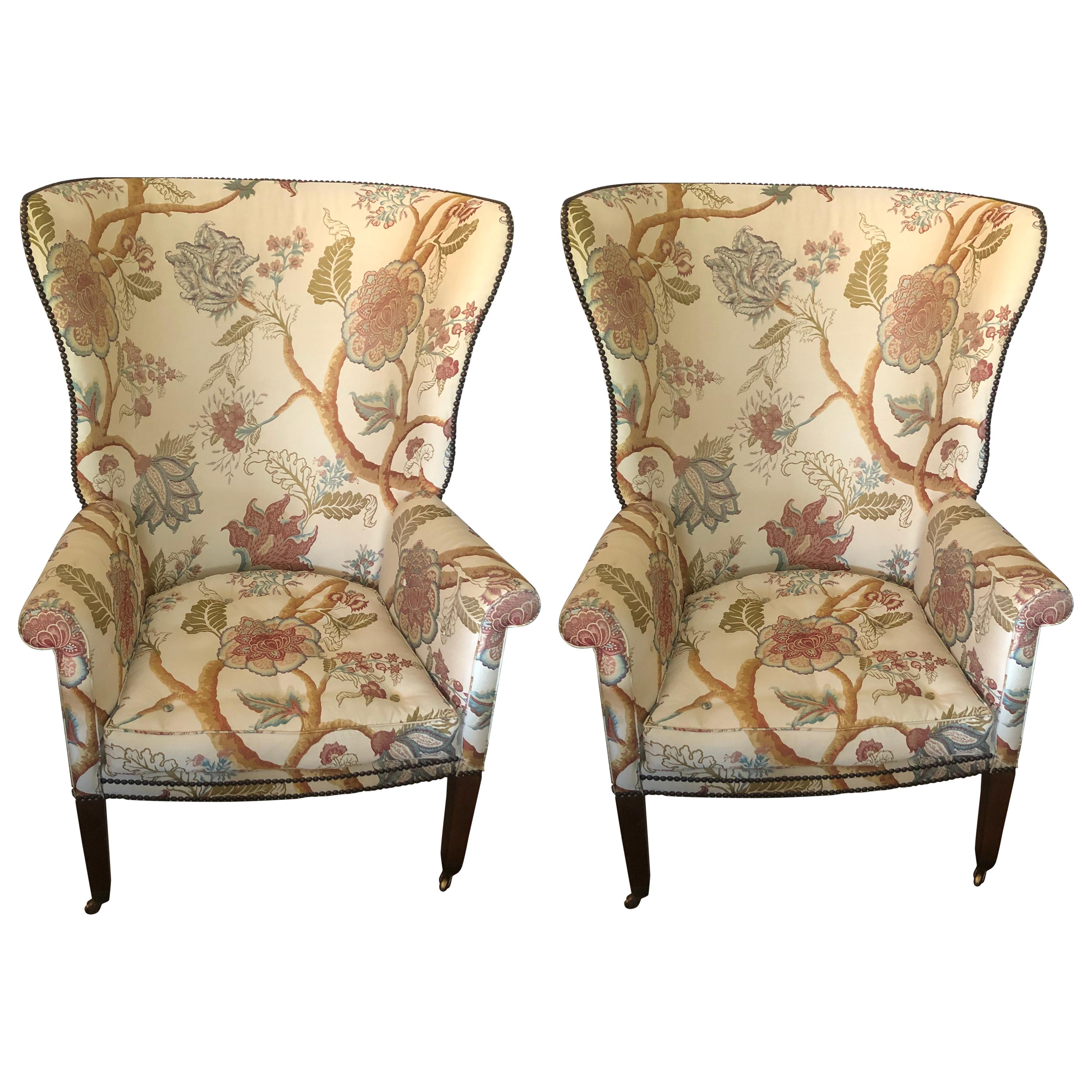 Elegant Pair of Georgian Style Wing Chairs by William Switzer