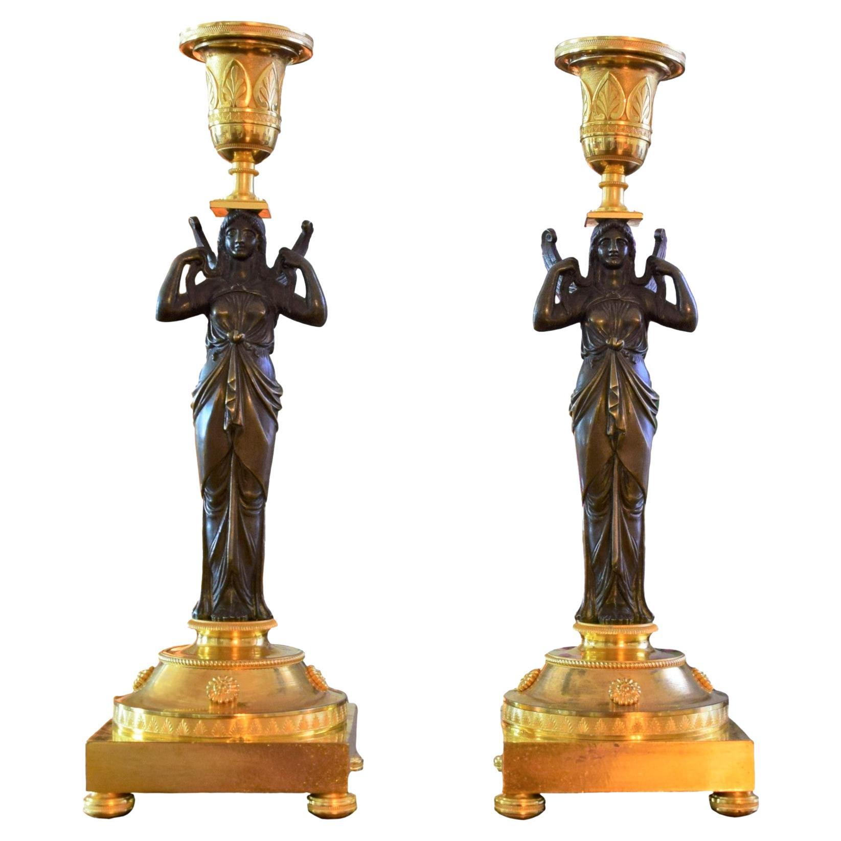 Elegant Pair of Gilt and Patinated Bronze French 1st Empire Candlesticks