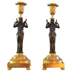 Elegant Pair of Gilt and Patinated Bronze French 1st Empire Candlesticks