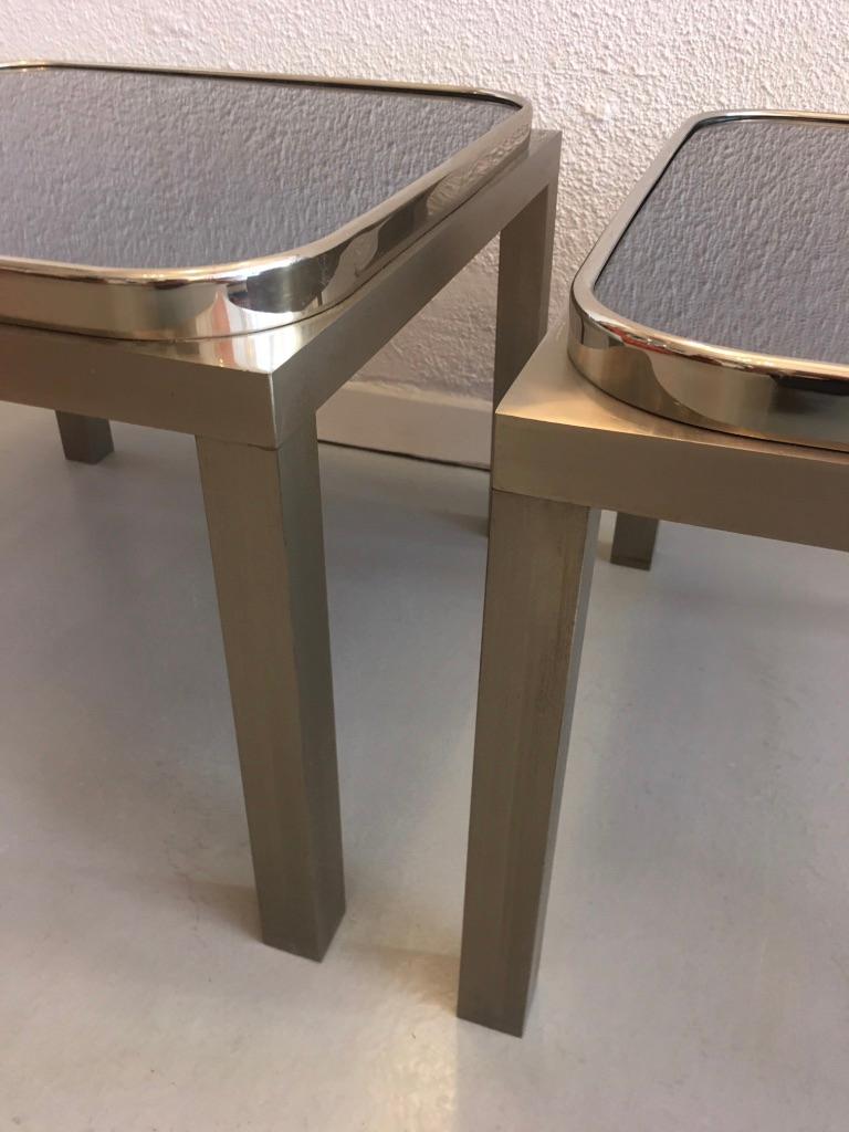 European Elegant Pair of Glass and Steel Side Tables, 1970s For Sale