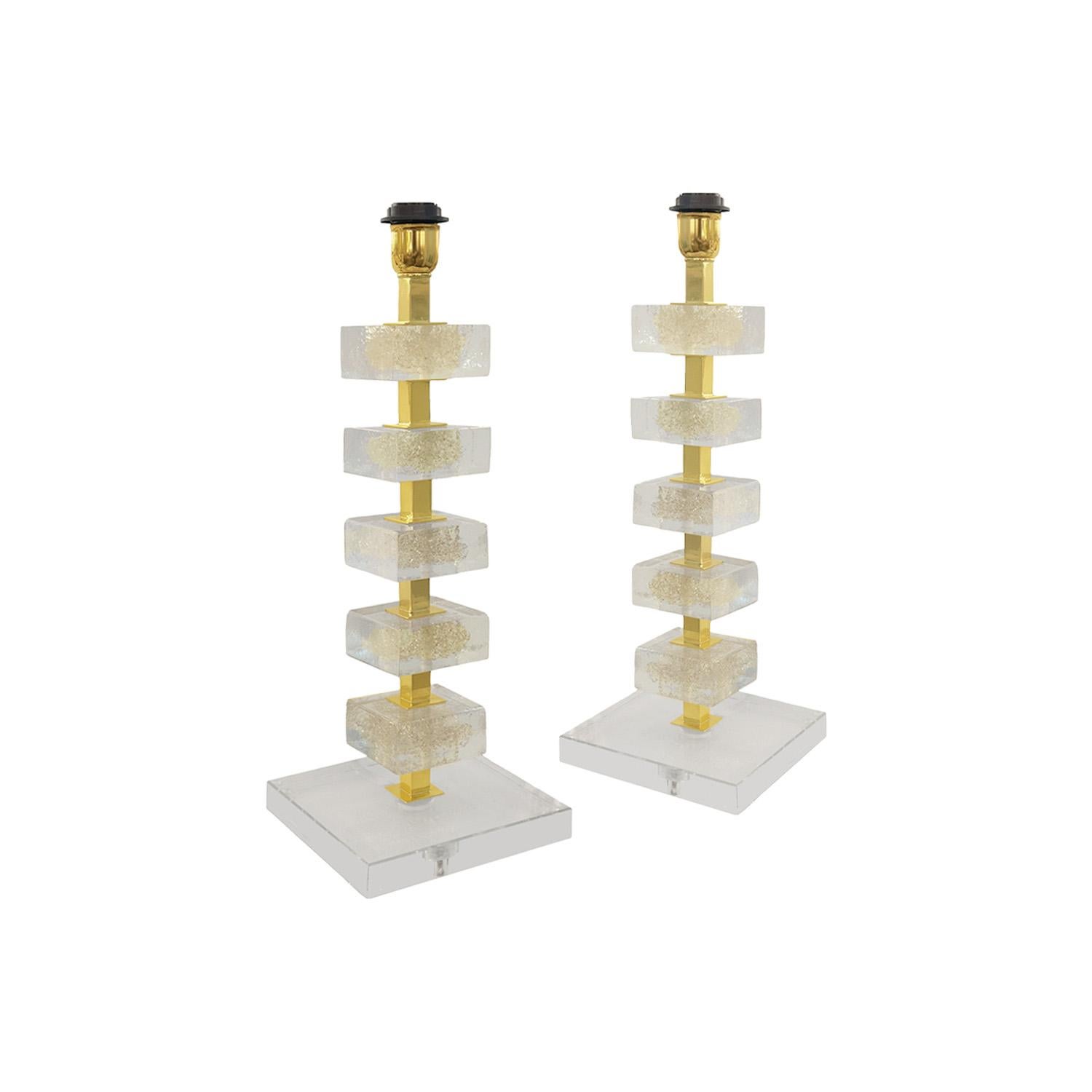 Elegantes Paar Tischlampen aus vergoldetem Murano-Glasblock (Italienisch)