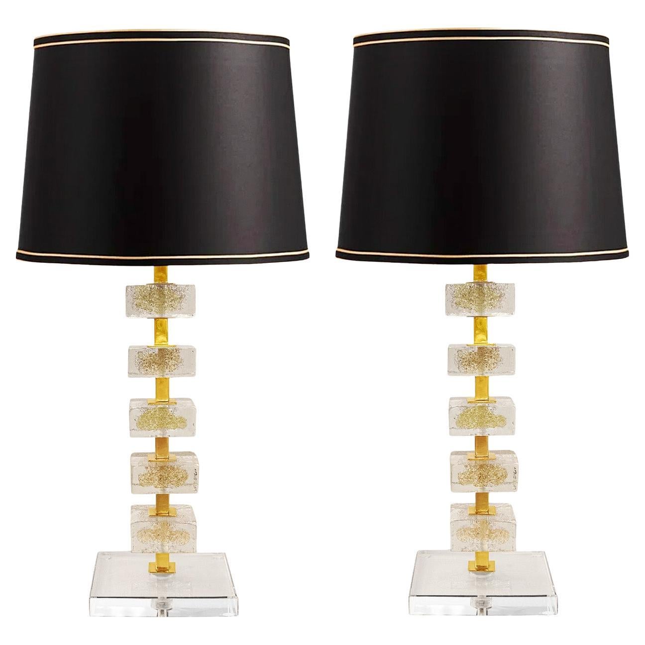 Elegantes Paar Tischlampen aus vergoldetem Murano-Glasblock