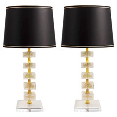 Elegant Pair of Gold Infused Murano Glass Block Table Lamps