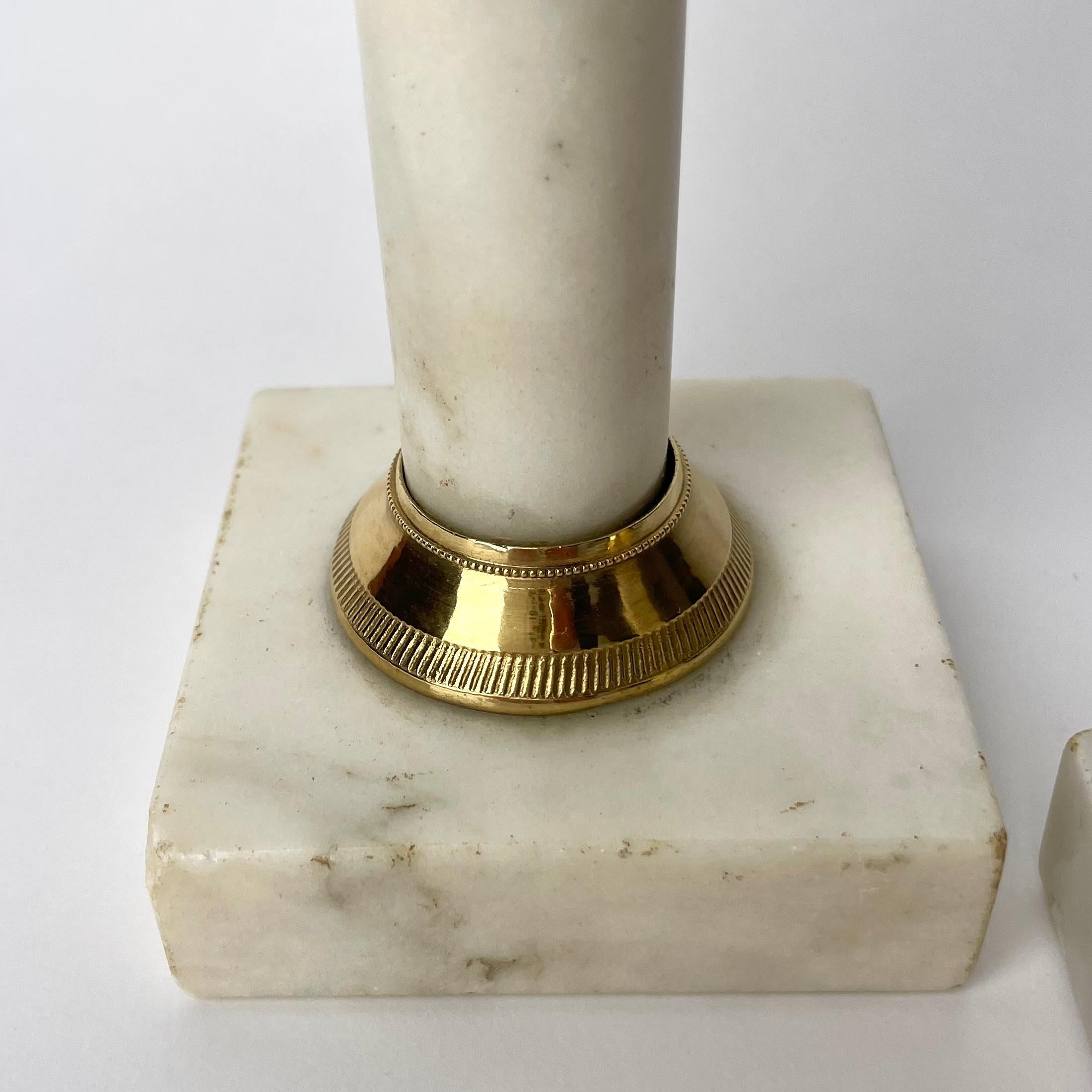 Late 18th Century Elegant pair of Gustavian Carrara marble and Gilt brass Candlesticks from 1790s For Sale
