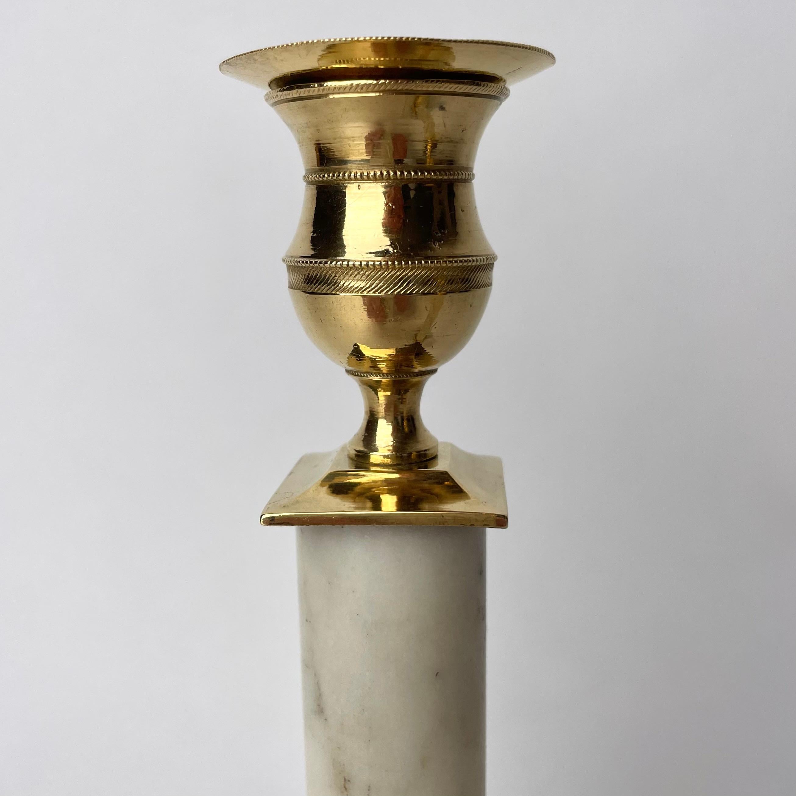 Brass Elegant pair of Gustavian Carrara marble and Gilt brass Candlesticks from 1790s For Sale