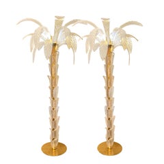 Elegant Pair of Iridescent Murano Glass & Brass Palm Tree Torchieres