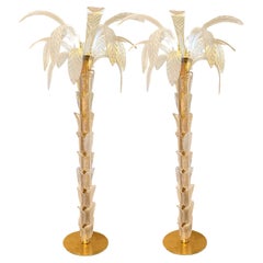 Elegant Pair of Iridescent Murano Glass & Brass Palm Tree Torchieres