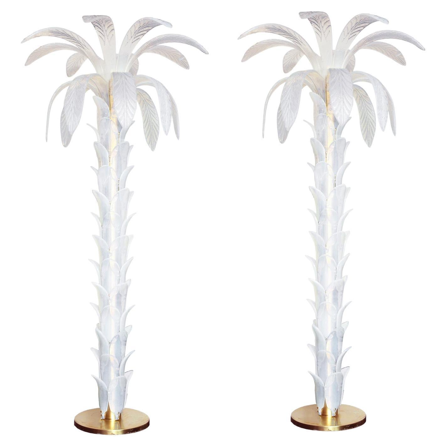 Elegant Pair of Iridescent Murano Glass Palm Torchieres, 2022