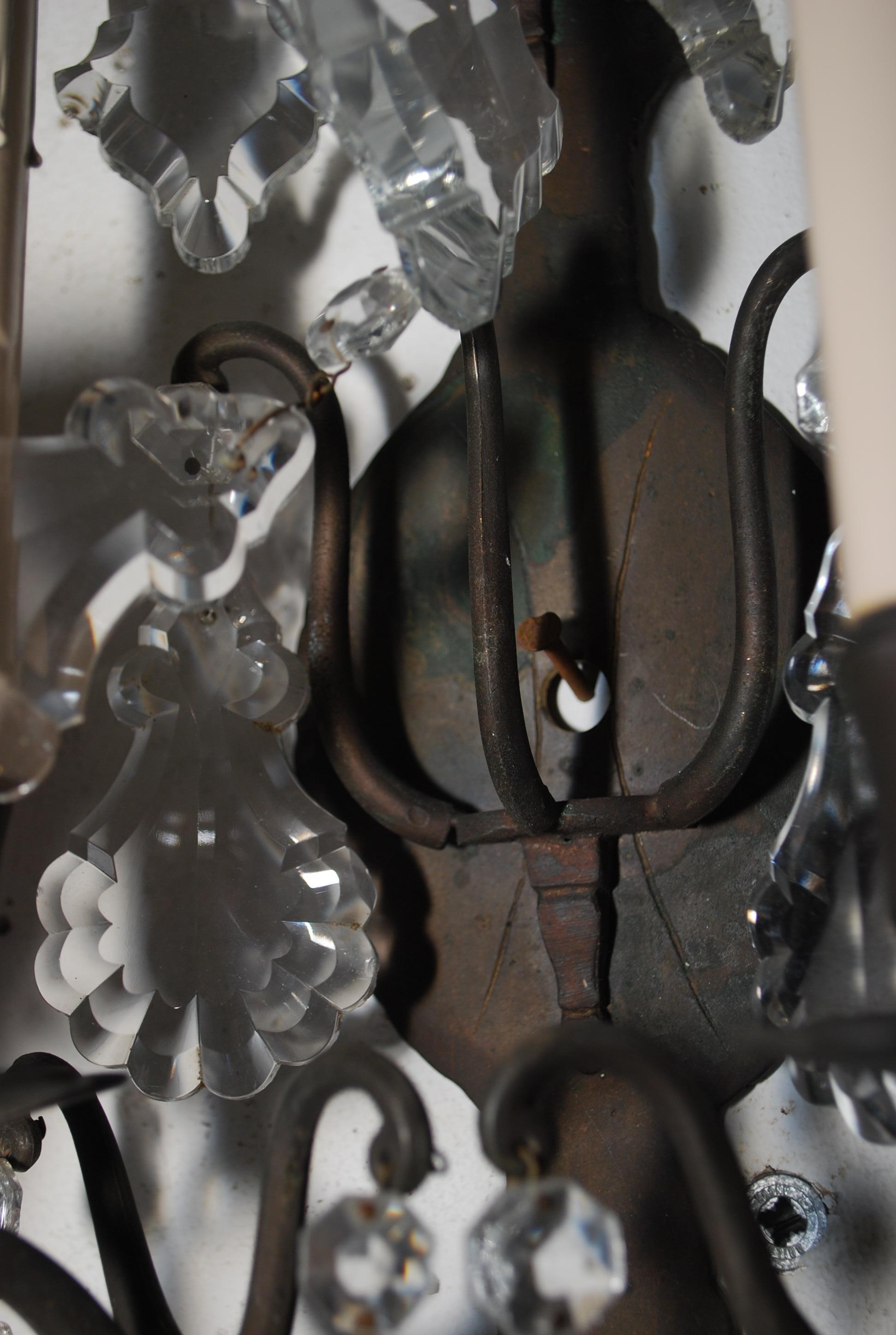 A beautiful pair of 1940's Italian bronze/crystals  sconces, the patina is much nicer in person
