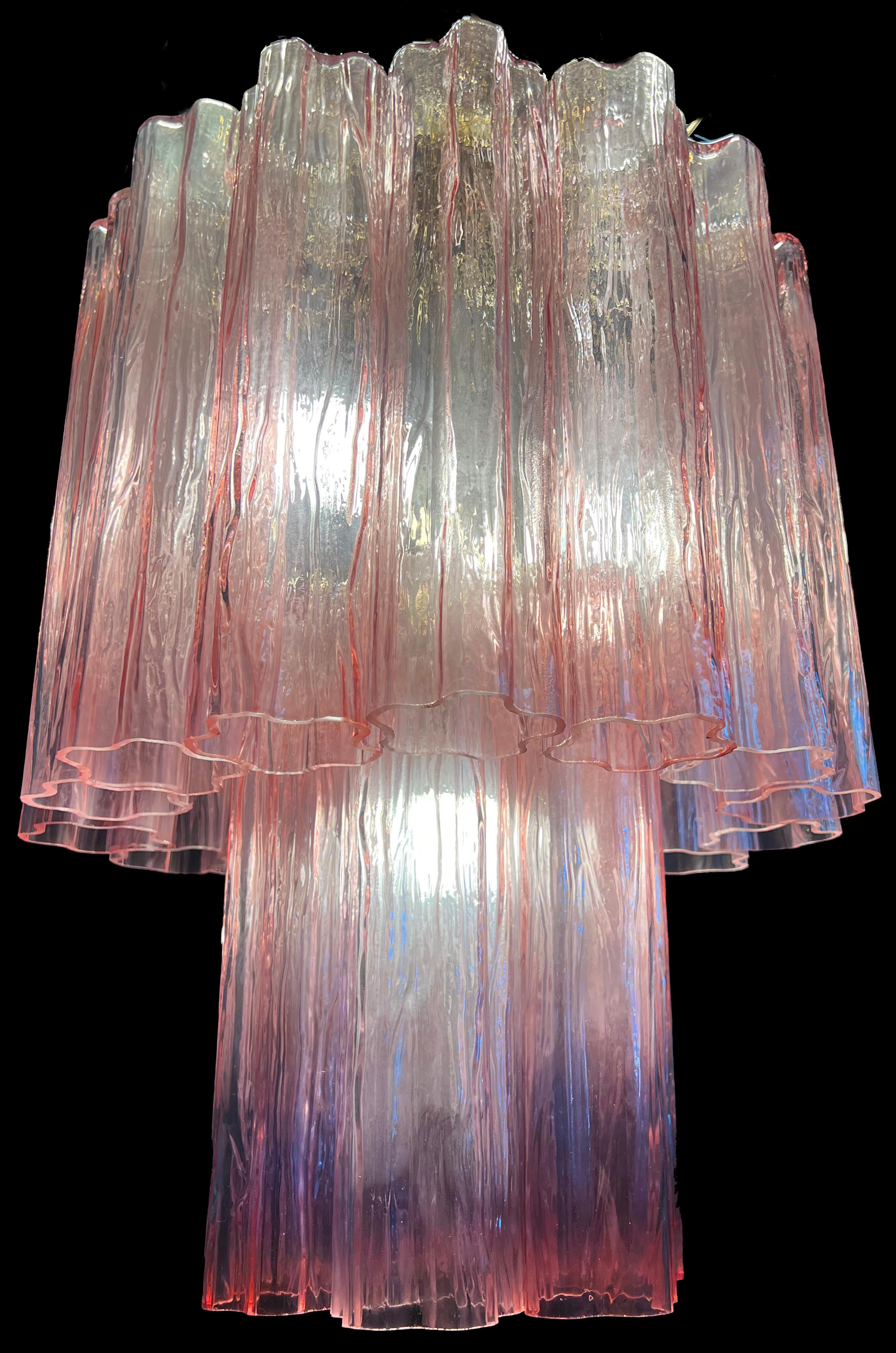 Glass Elegant Pair of Italian Pink Chandeliers by Valentina Planta, Murano For Sale