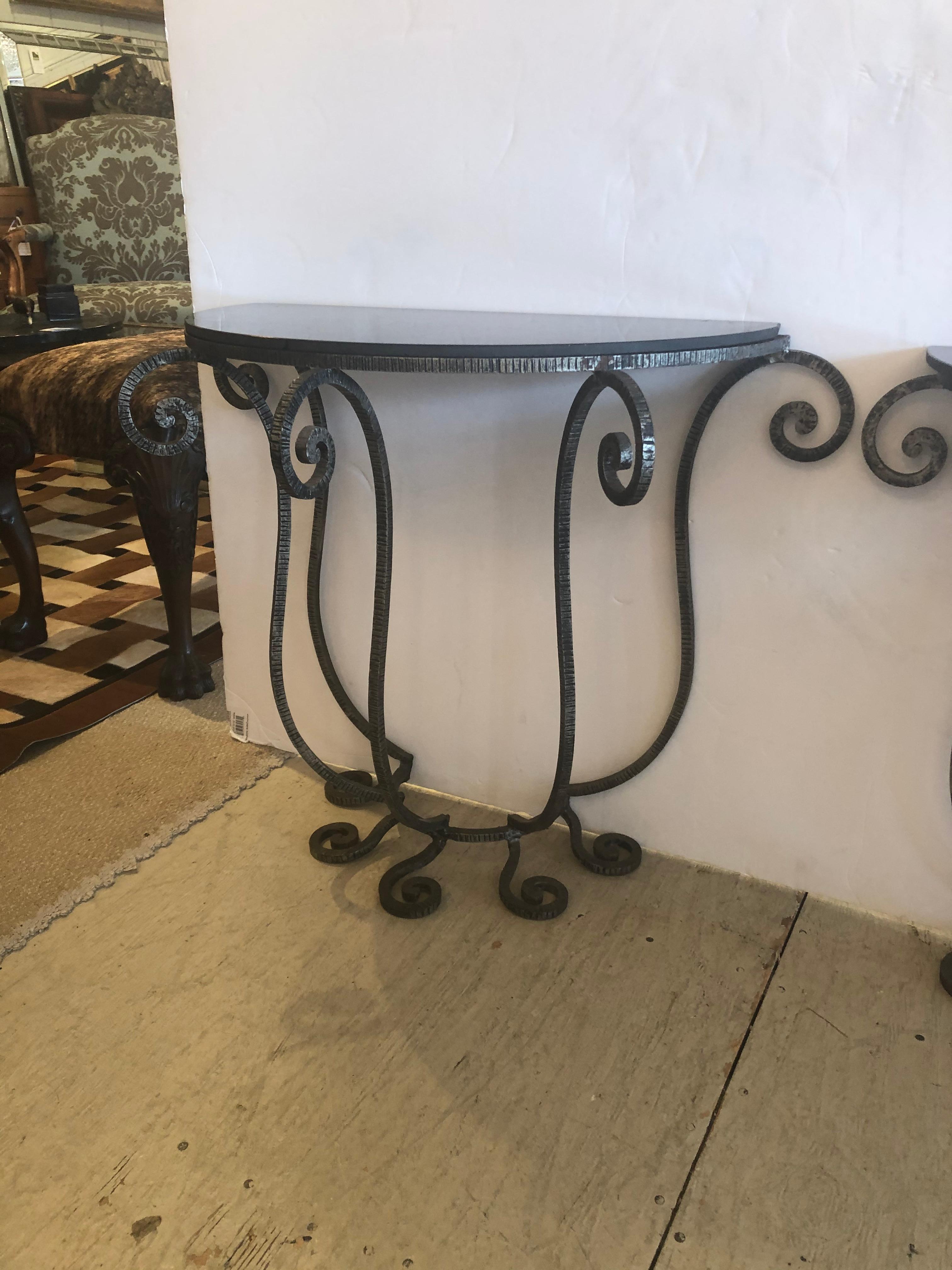 Elegant Pair of Italian Salterini Style Iron Demilune Console Tables In Good Condition In Hopewell, NJ