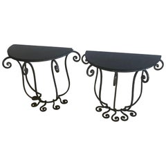 Elegant Pair of Italian Salterini Style Iron Demilune Console Tables