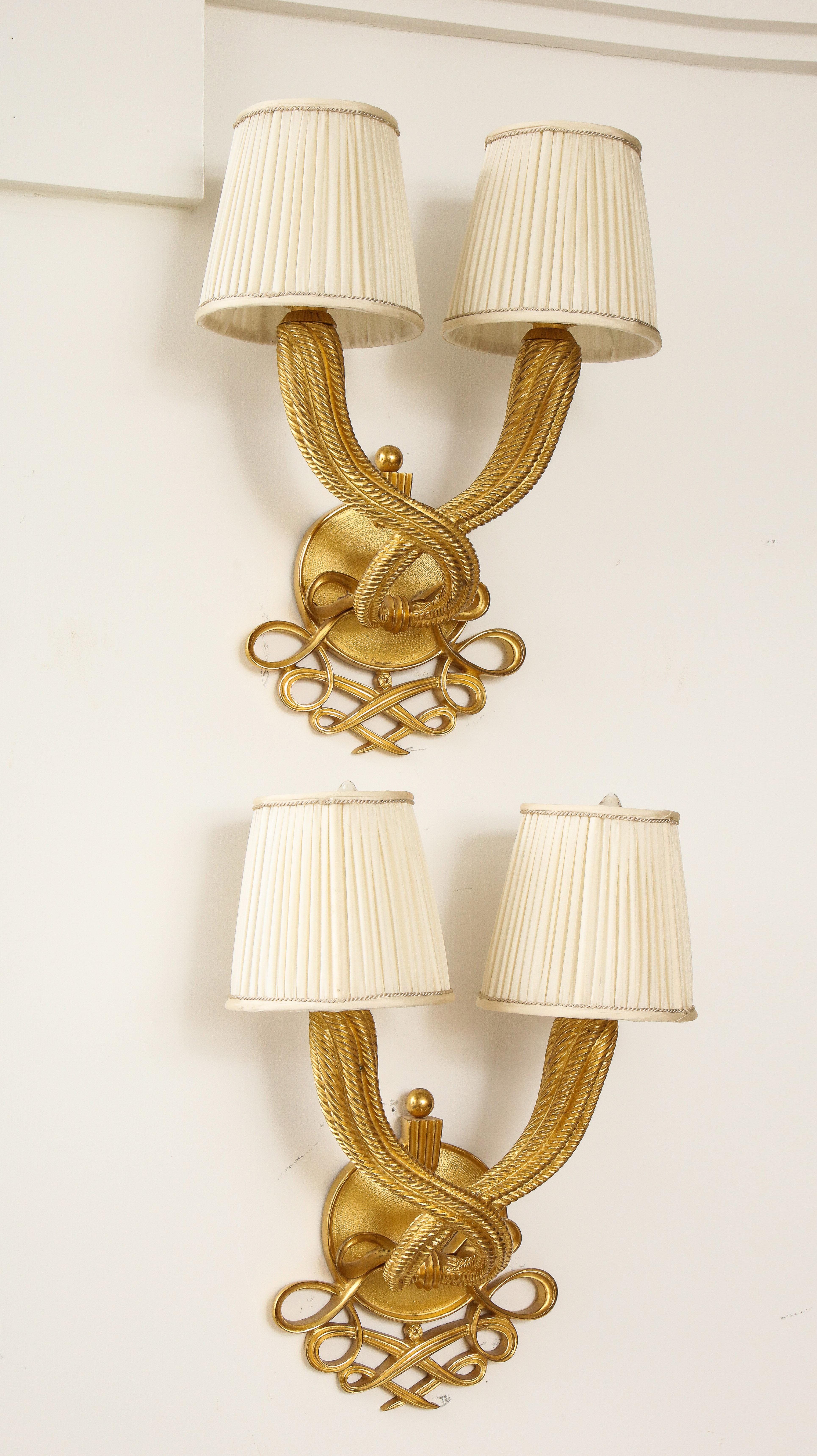 Elegant Pair of Jules and André Leleu Gilt-Bronze Double Torsade Sconces For Sale 1