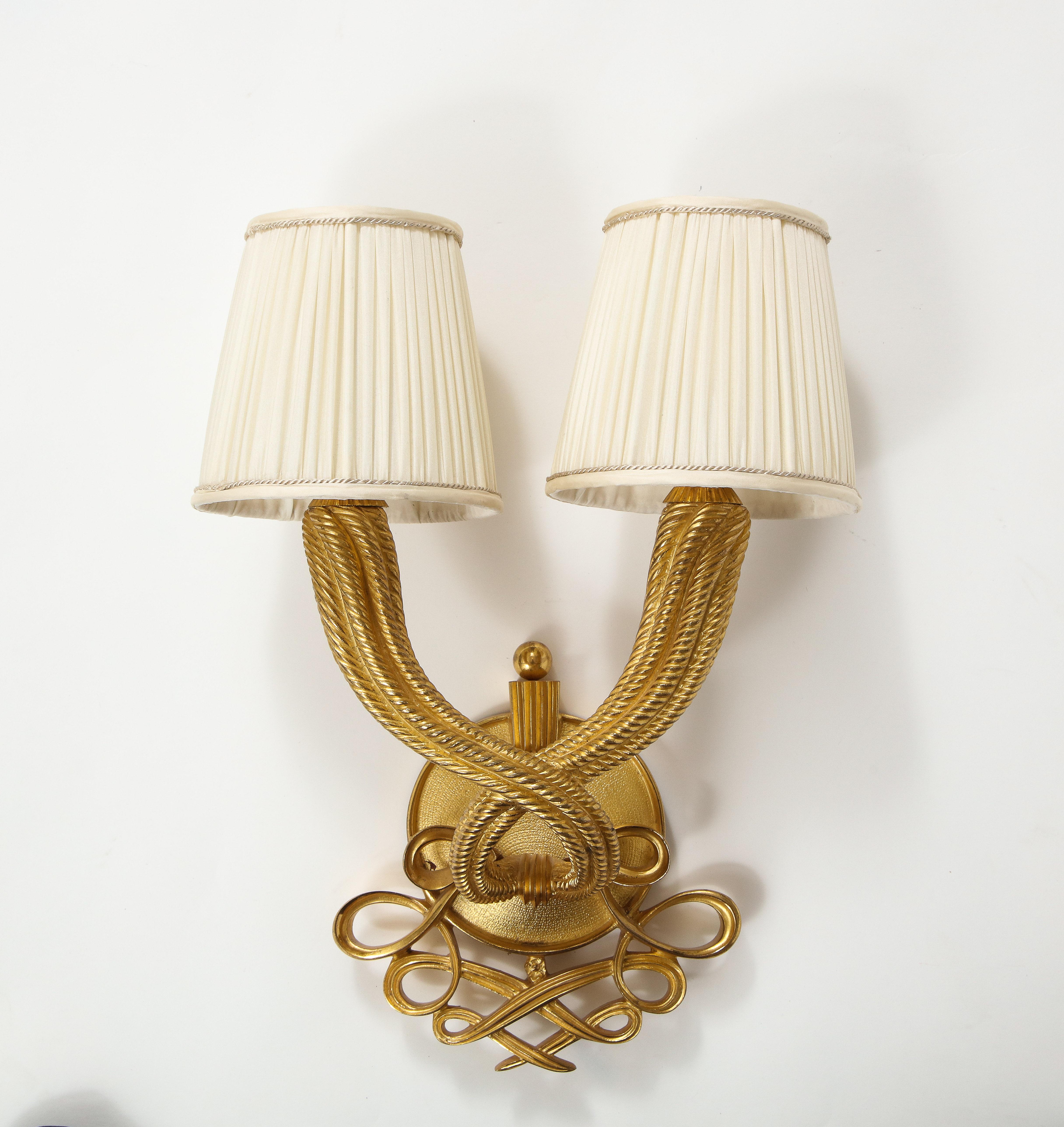Elegant Pair of Jules and André Leleu Gilt-Bronze Double Torsade Sconces 1