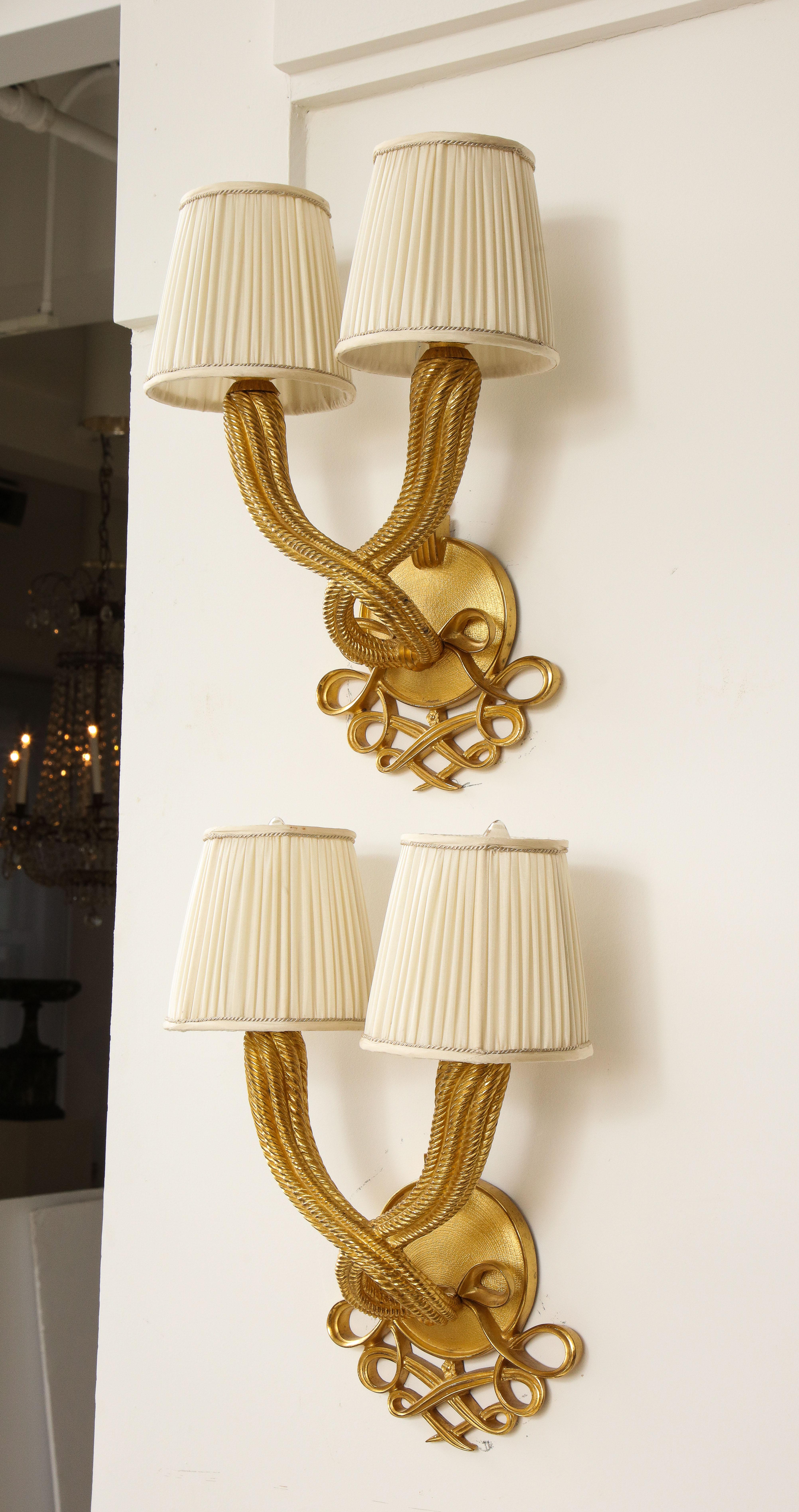 Elegant Pair of Jules and André Leleu Gilt-Bronze Double Torsade Sconces For Sale 3