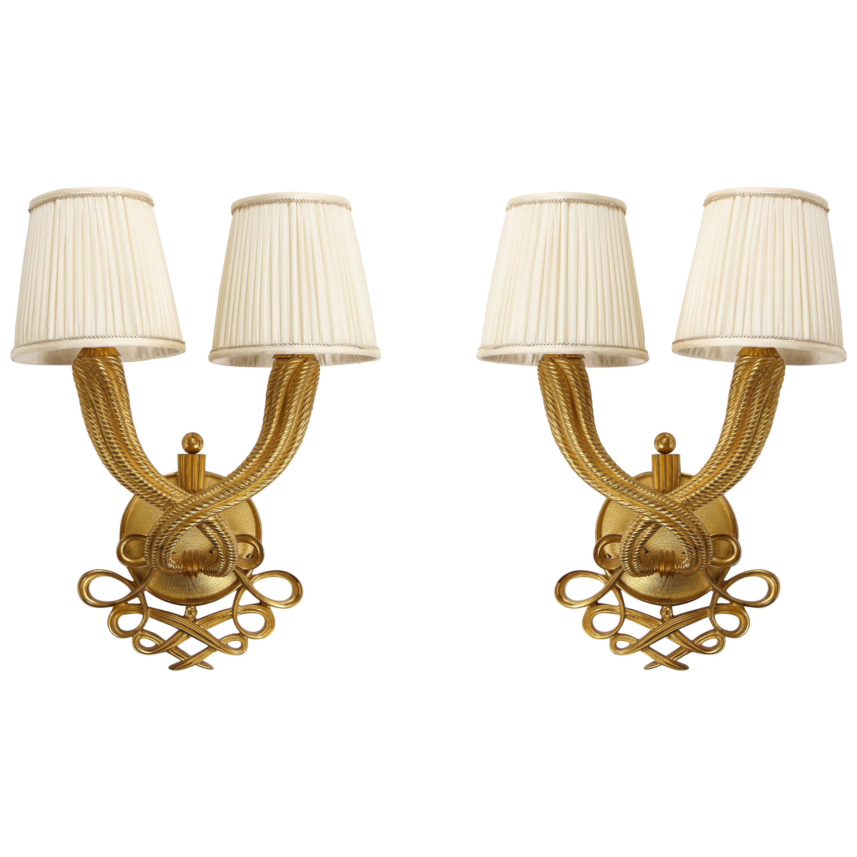 Elegant Pair of Jules and André Leleu Gilt-Bronze Double Torsade Sconces