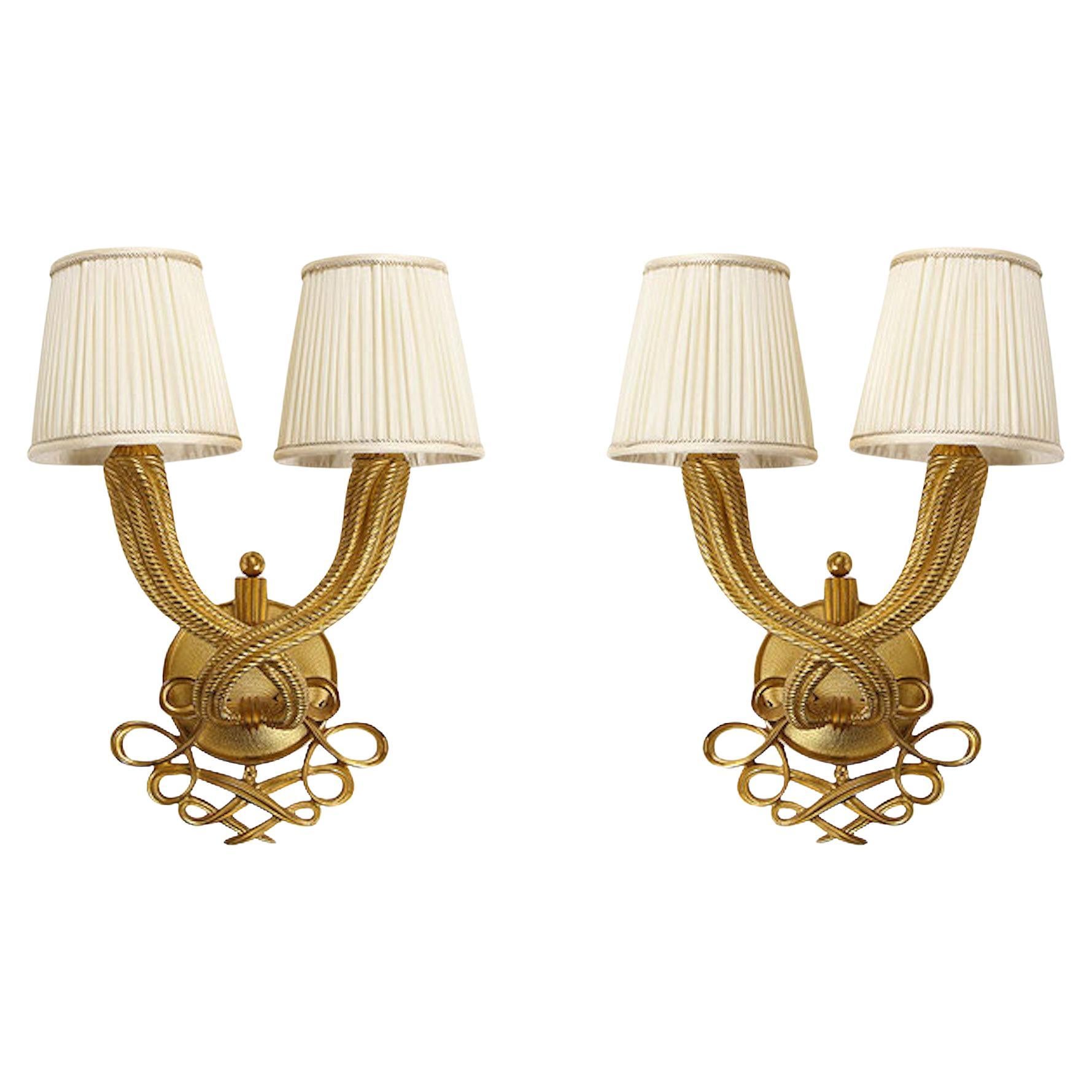 Elegantes Paar Jules und André Leleu Doppel-Torsade-Leuchter aus vergoldetem Bronzestahl